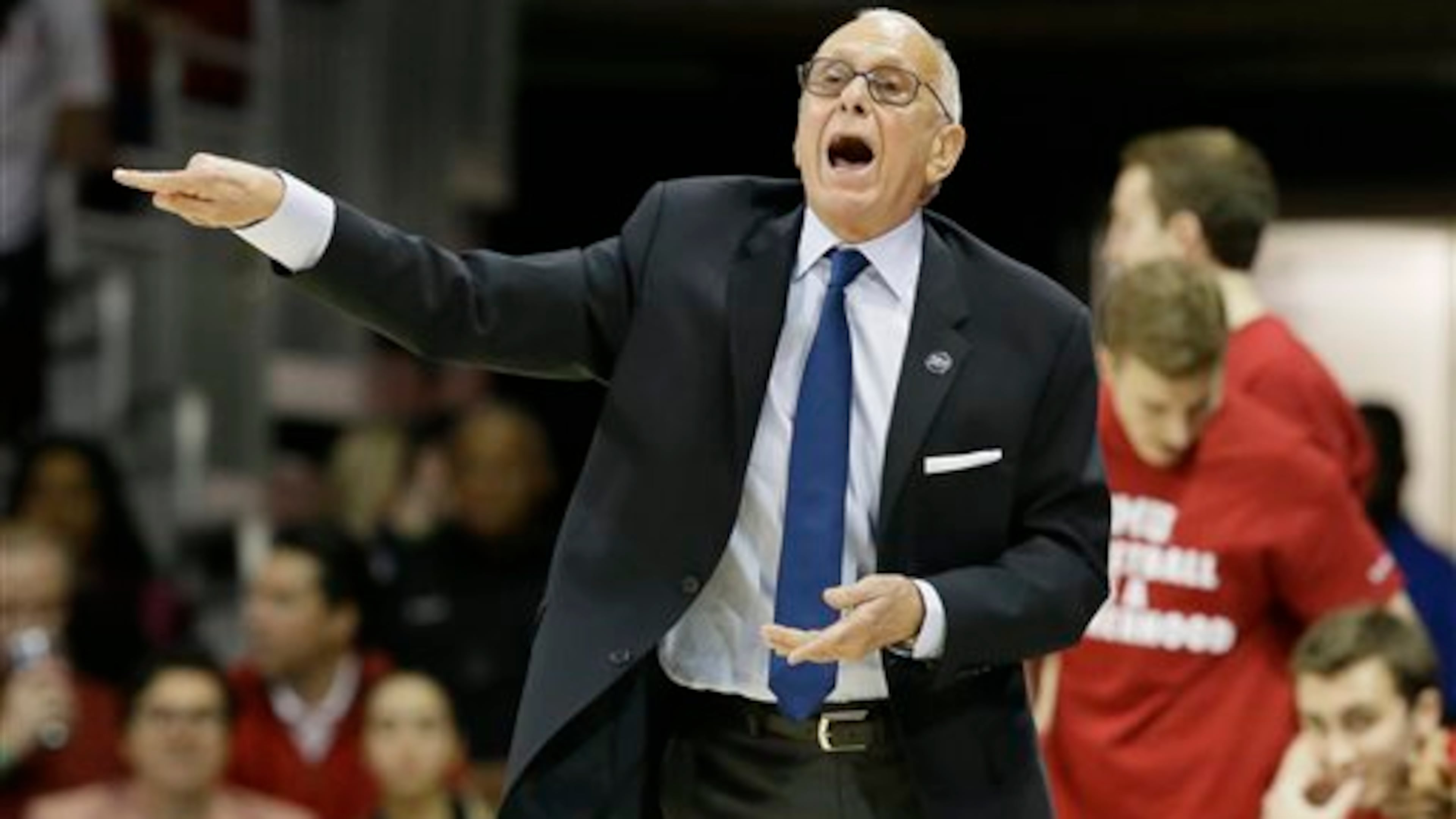 SMU coach Larry Brown yells from the sideline during the first half of the team's NCAA college basketball game against Connecticut on Thursday, March 3, 2016, in Dallas. (AP Photo/LM Otero)