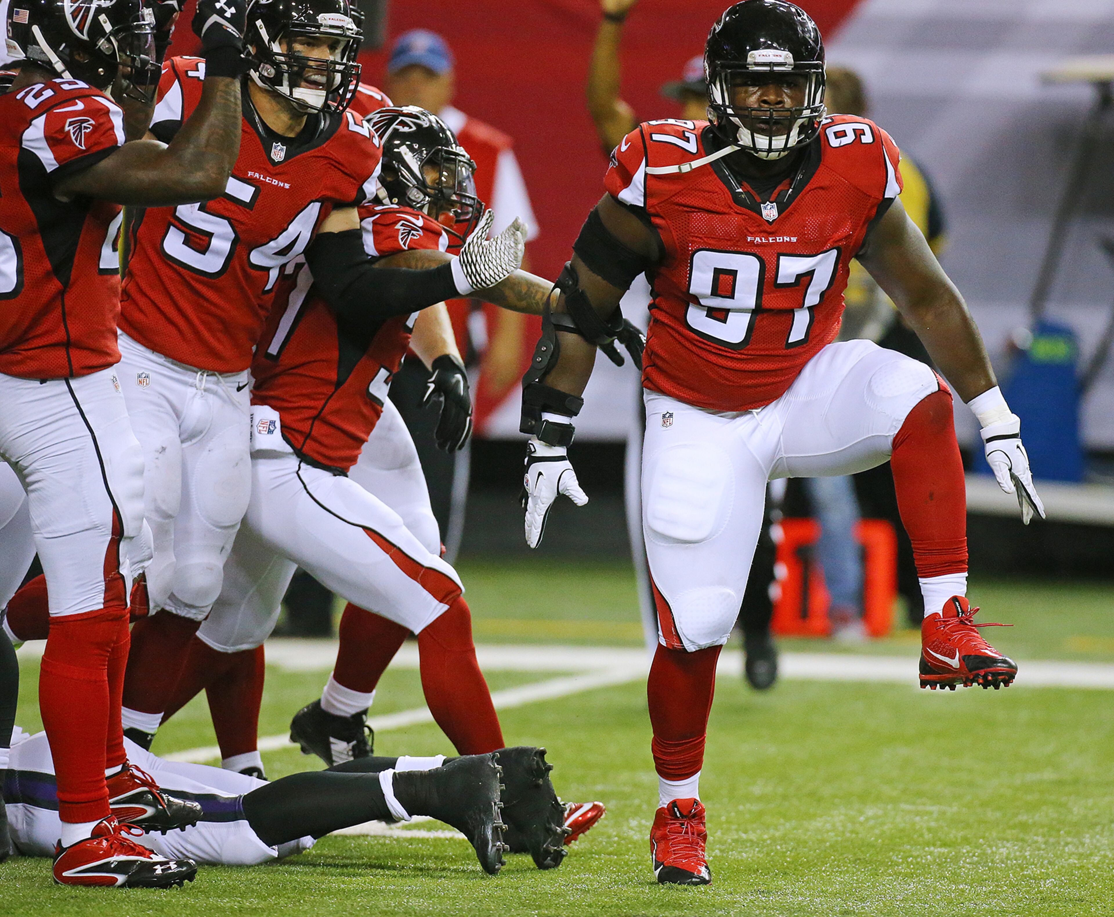 Falcons defensive tackle Grady Jarrett stomps his feet after making a big stop. Curtis Compton / ccompton@ajc.com