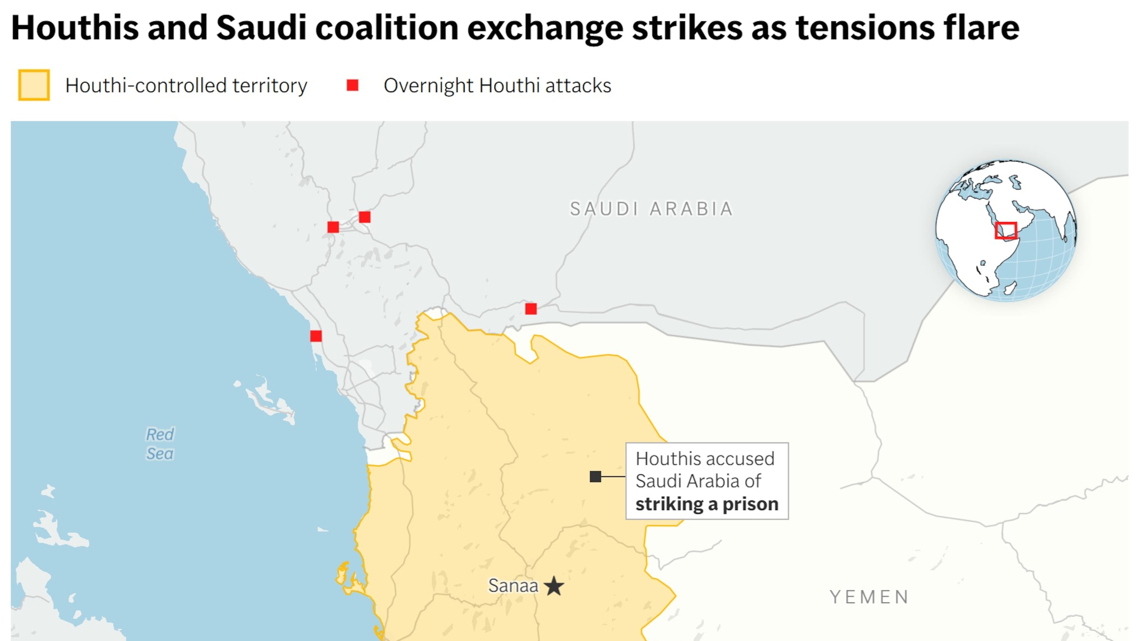 A map showing strikes in Saudi Arabia and Yemen. (AP Digital Embed)