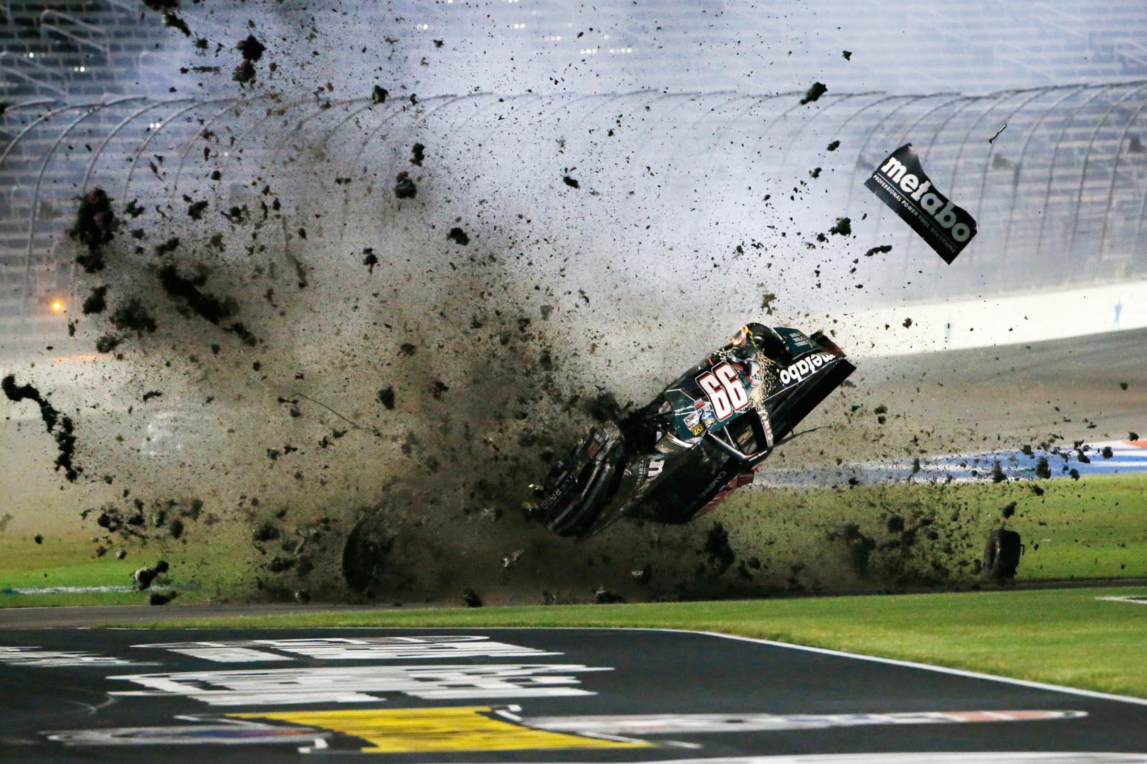 FORT WORTH, TX - JUNE 09: Timothy Peters, driver of the #99 Metabo Chevrolet, wrecks during the NASCAR Camping World Truck Series winstaronlinegaming.com 400 at Texas Motor Speedway on June 9, 2017 in Fort Worth, Texas. (Photo by Brian Lawdermilk/Getty Images)
