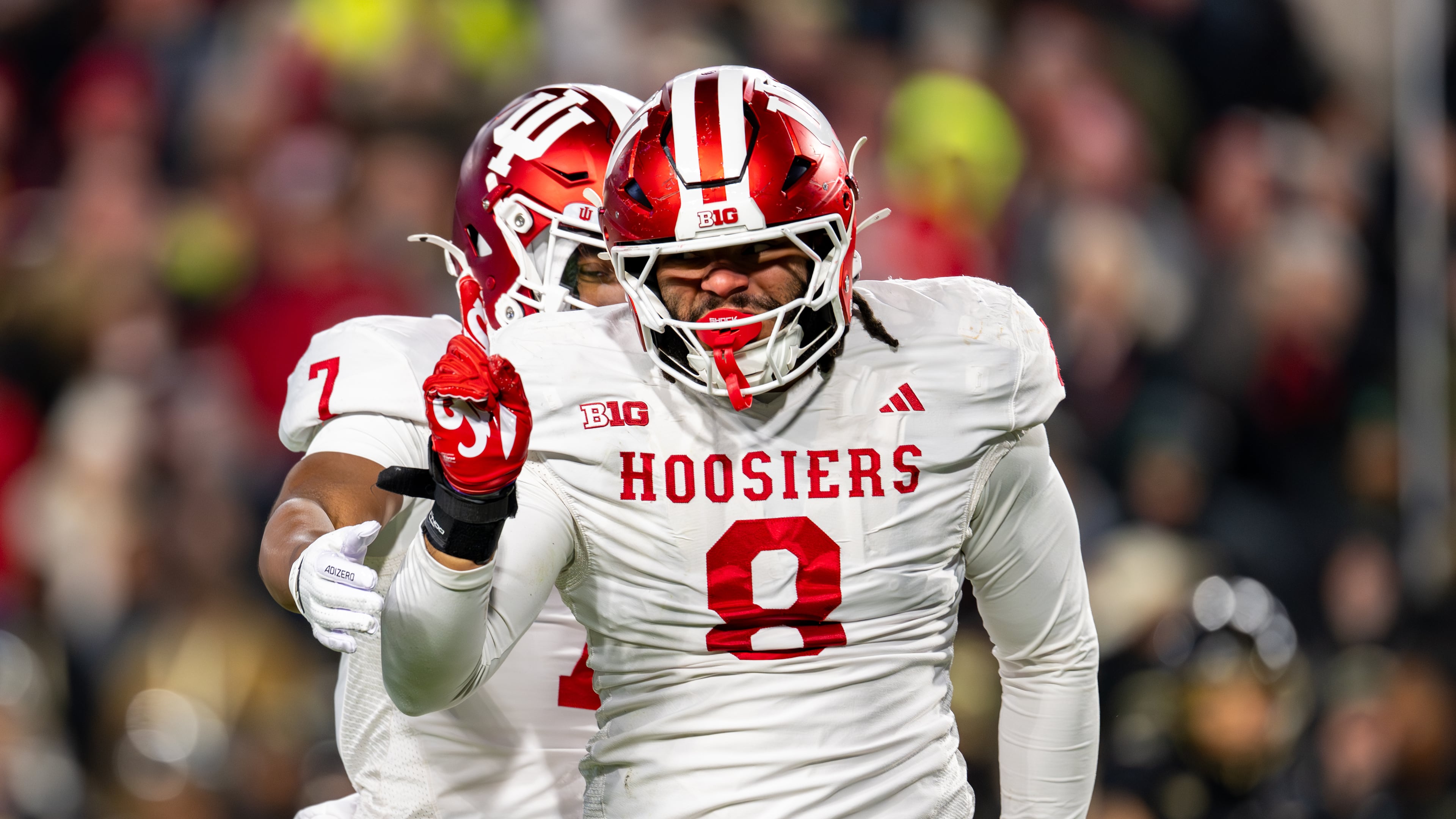FILE - Indiana defensive lineman Stephen Daley (8) reacts during an NCAA college football game against Purdue, Friday, Nov. 28, 2025, in West Lafayette, Ind. (AP Photo/Doug McSchooler,File)