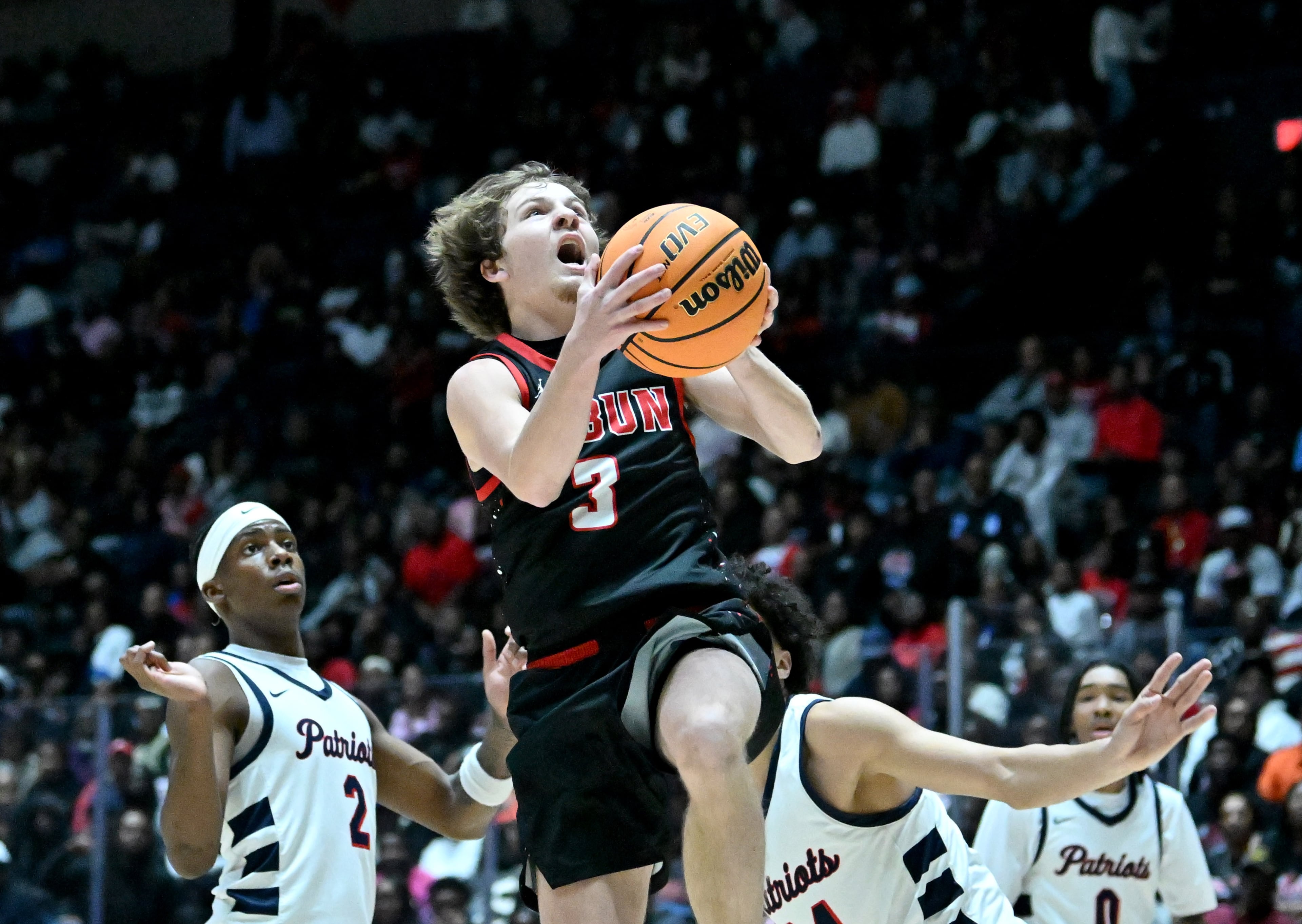 Rabun County Huey Blalock (3) goes to the basket for the shot during the first half in Class A Division I Boys GHSA State Championship at the Macon Coliseum, Friday, March 13, 2026, in Macon. (Hyosub Shin/AJC)