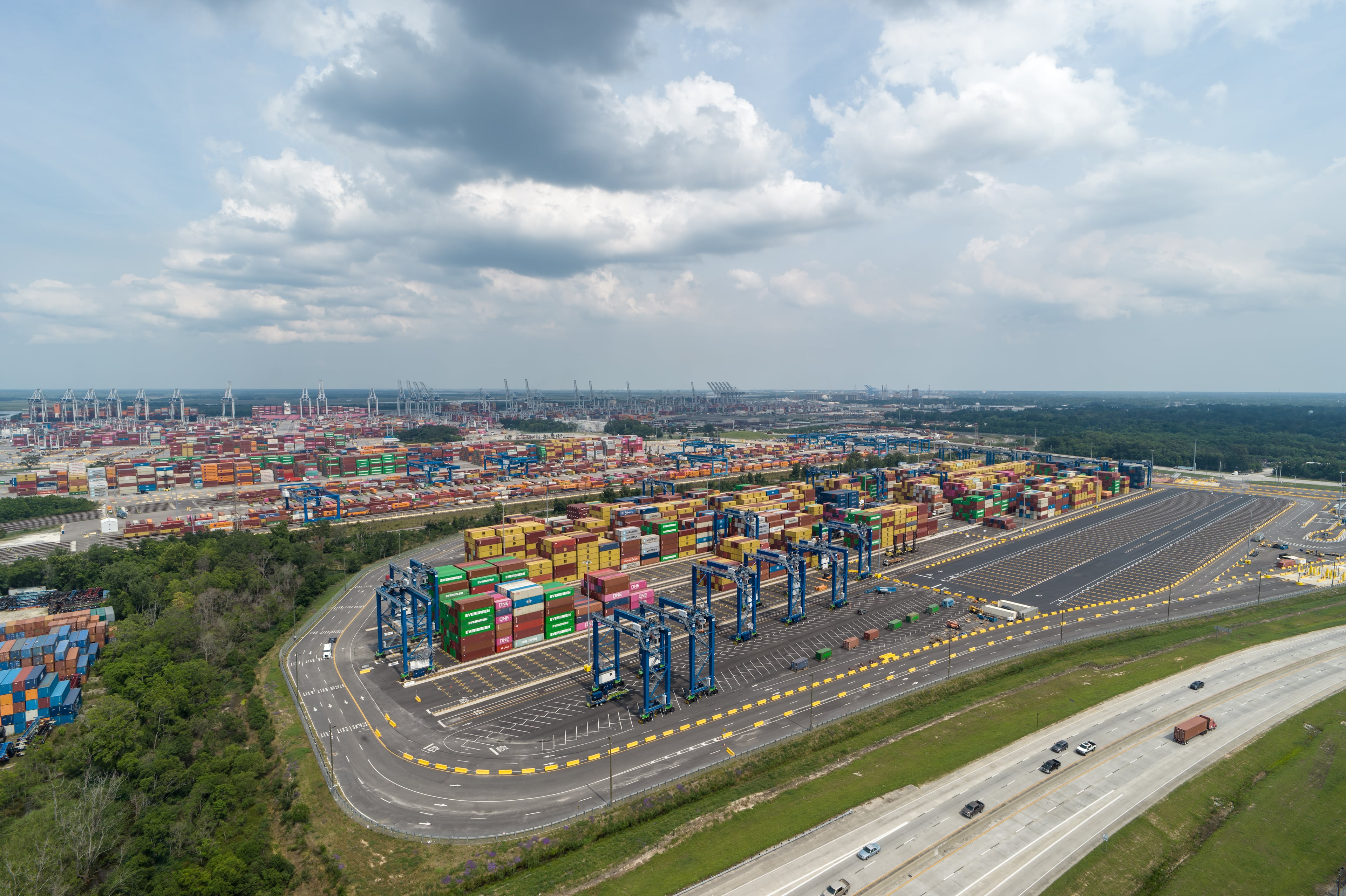 The Georgia Ports Authority built a 90-acre container storage yard, known as Garden City Terminal West, in 2023 and 2024 at a cost of $200 million. The facility can hold 20,000 container units. (Courtesy of Georgia Ports Authority)