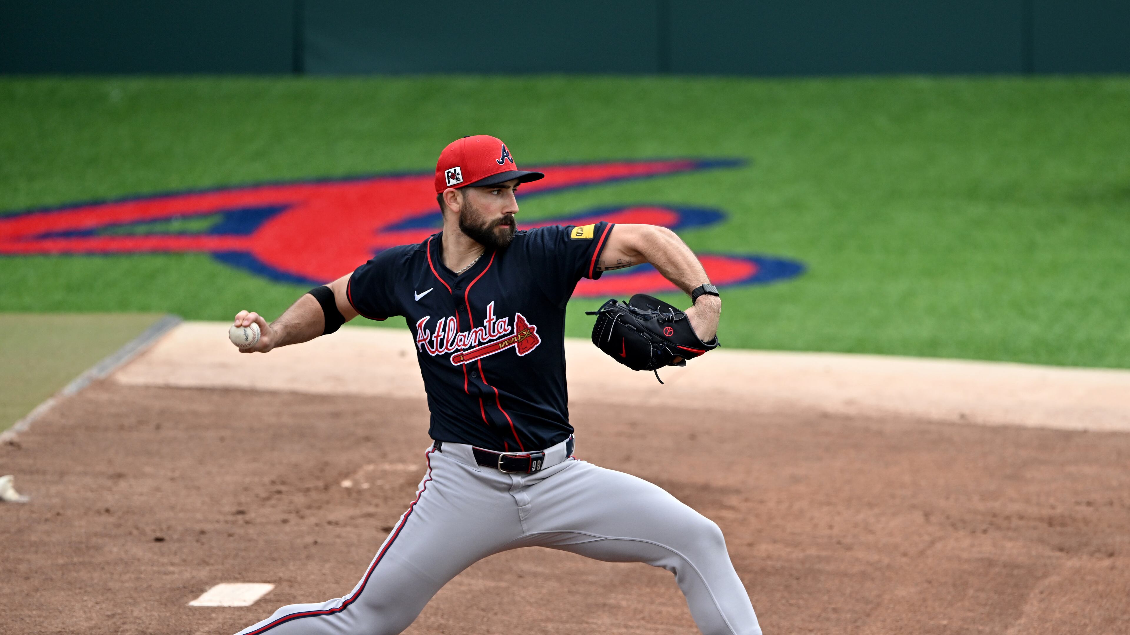 Atlanta Braves pitcher Spencer Strider throws a ball during spring training workouts at CoolToday Park, Friday, February 14, 2025, North Port, Florida. (Hyosub Shin / AJC)