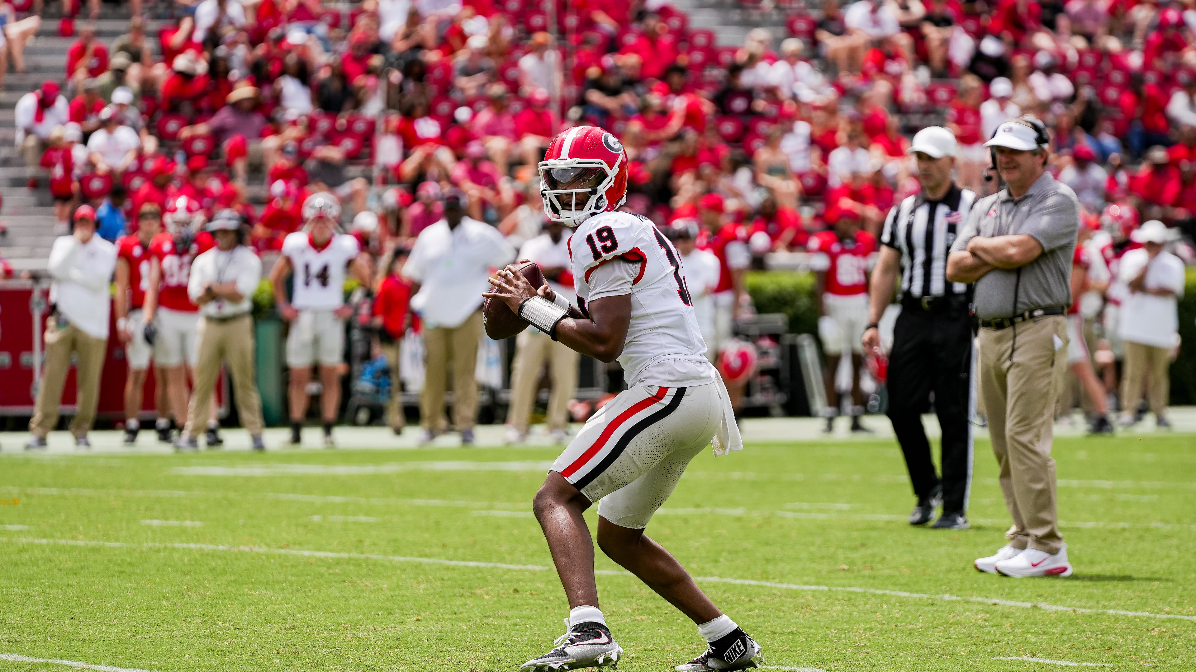 Georgia quarterback Hezekiah Millender prepares to make a pass during the G-Day spring game Saturday, April 18, 2026, on Dooley Field at Sanford Stadium in Athens. Millender went 9-for-15 for 103 yards and no interceptions. and he ran for a 1-yard touchdown. (Tony Walsh/UGAAA)