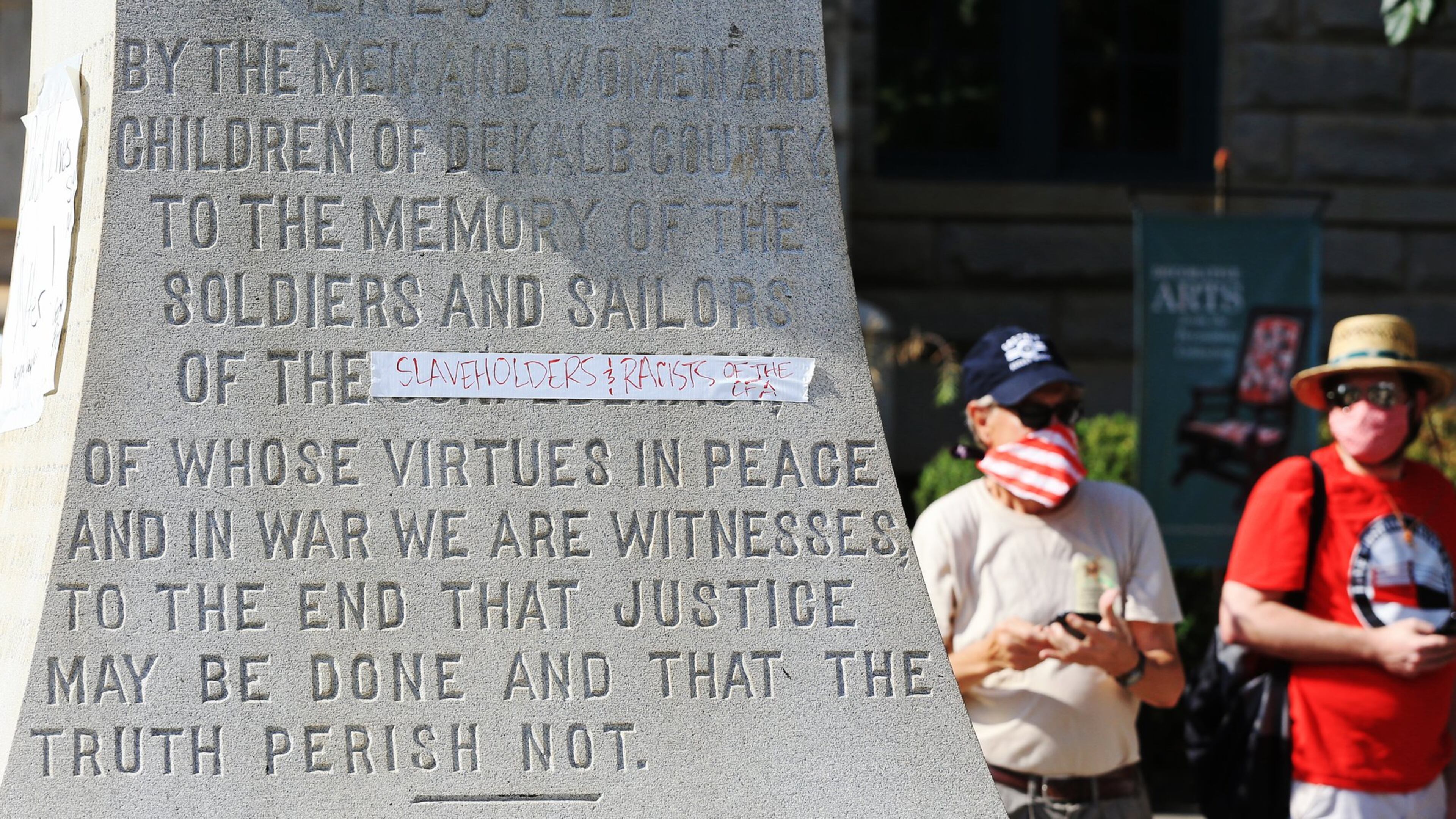 Protesters made a temporary alteration to the Confederate monument in Decatur Square on June 3 in Decatur. CHRISTINA MATACOTTA FOR THE ATLANTA JOURNAL-CONSTITUTION