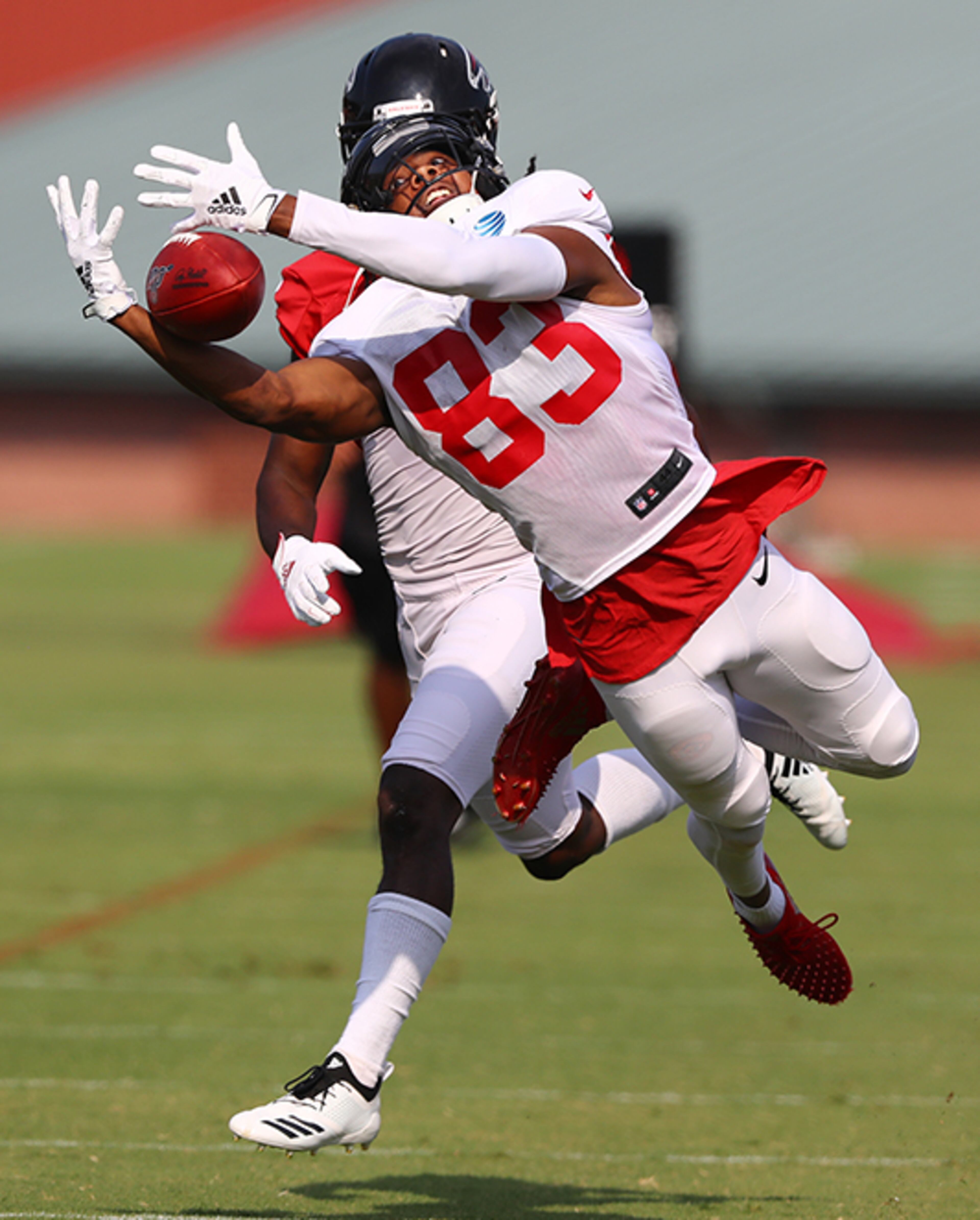 Falcons wide receiver Russell Gage is unable to hold on to the pass during team scrimmage Monday, July 29, 2019, in Flowery Branch.