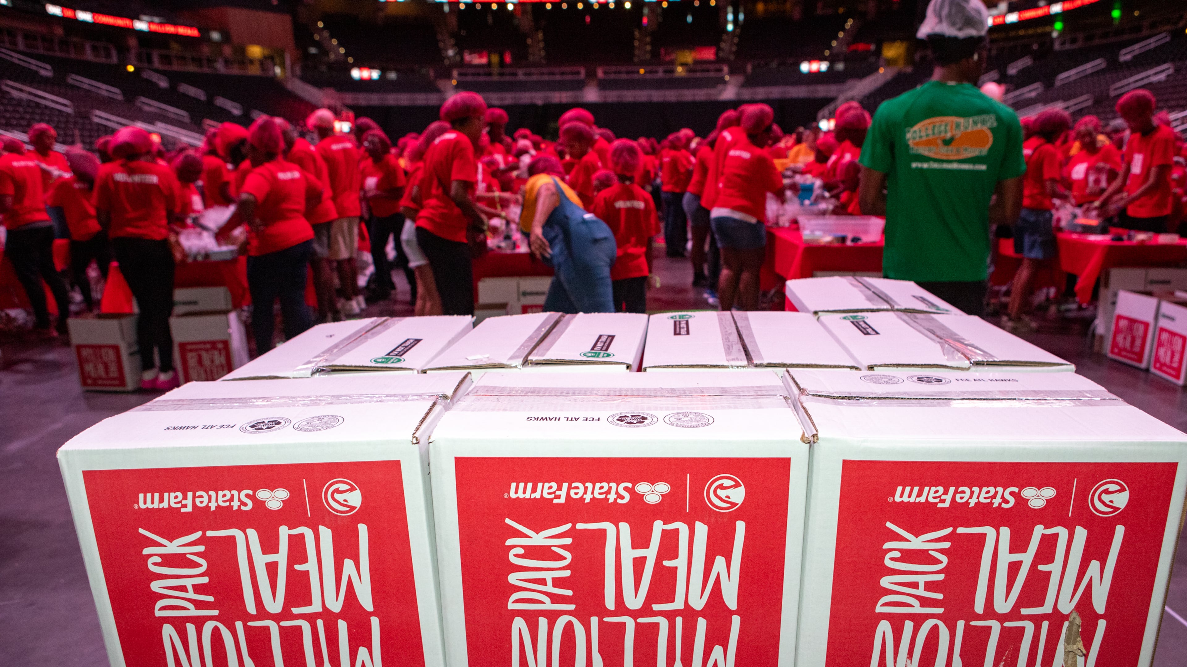 On Saturday, Sept. 26, 2026, the Atlanta Hawks will once again host the Million Meal Pack at State Farm Arena. More than 5,000 volunteers, along with yet-to-be-announced celebrities, will package 1 million meals for food banks in metro Atlanta. (Jenni Girtman for the AJC 2024)