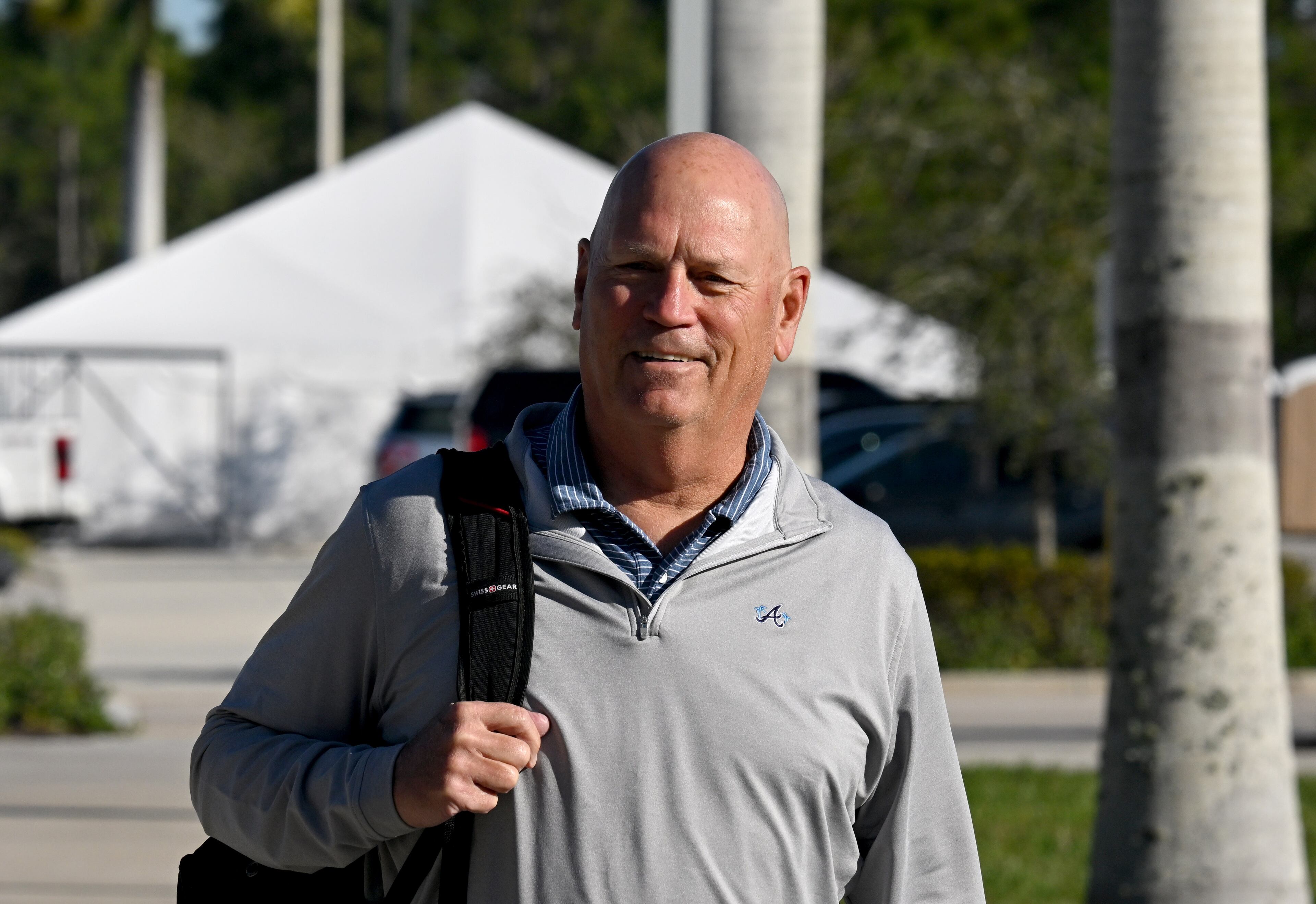 Braves Manager Brian Snitker arrives on the first day of Braves pitchers and catchers reporting to spring training at CoolToday Park in North Port, Florida on Wednesday, Feb., 14, 2024. (Hyosub Shin / Hyosub.Shin@ajc.com)