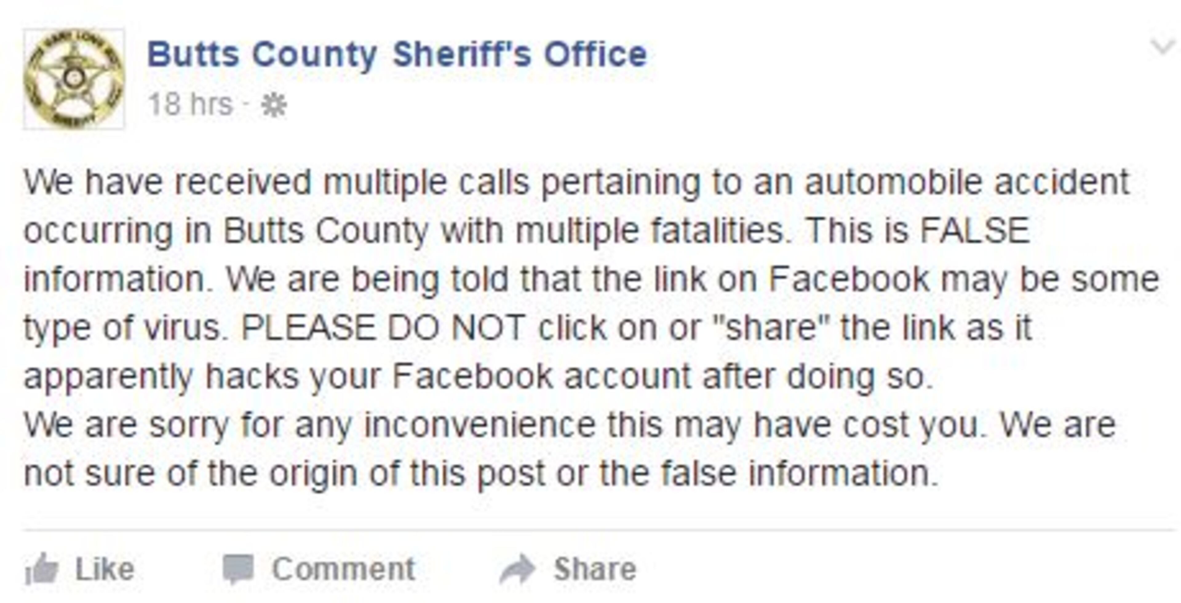 The Butts County Sheriff’s Office is warning of a false story on Facebook. (Credit: Facebook/ButtsCountySheriff)