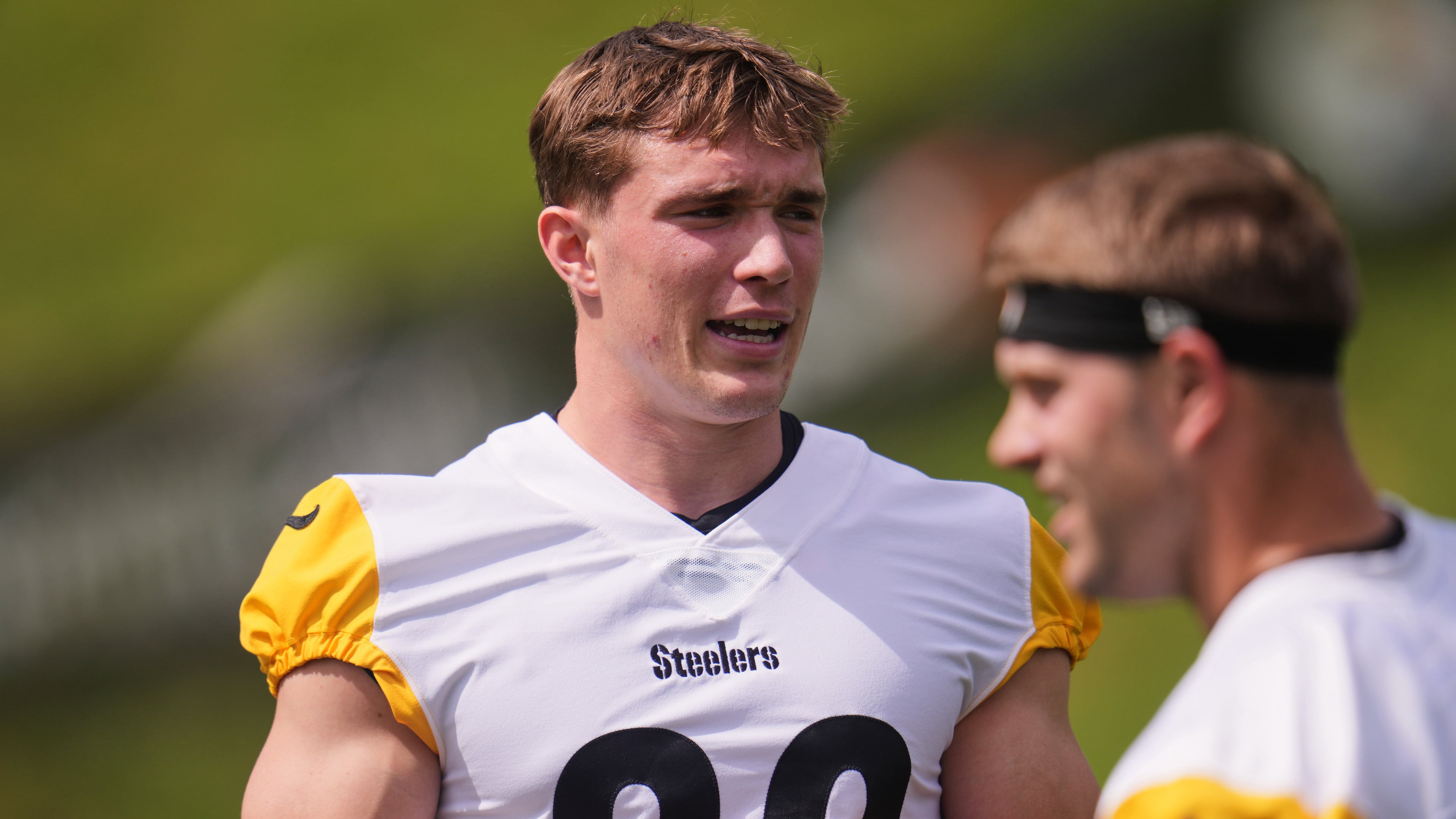 FILE - Pittsburgh Steelers Eli Heidenreich participates in the NFL team's camp in Latrobe, Pa., Wednesday, July 29, 2026. (AP Photo/Gene J. Puskar, file)