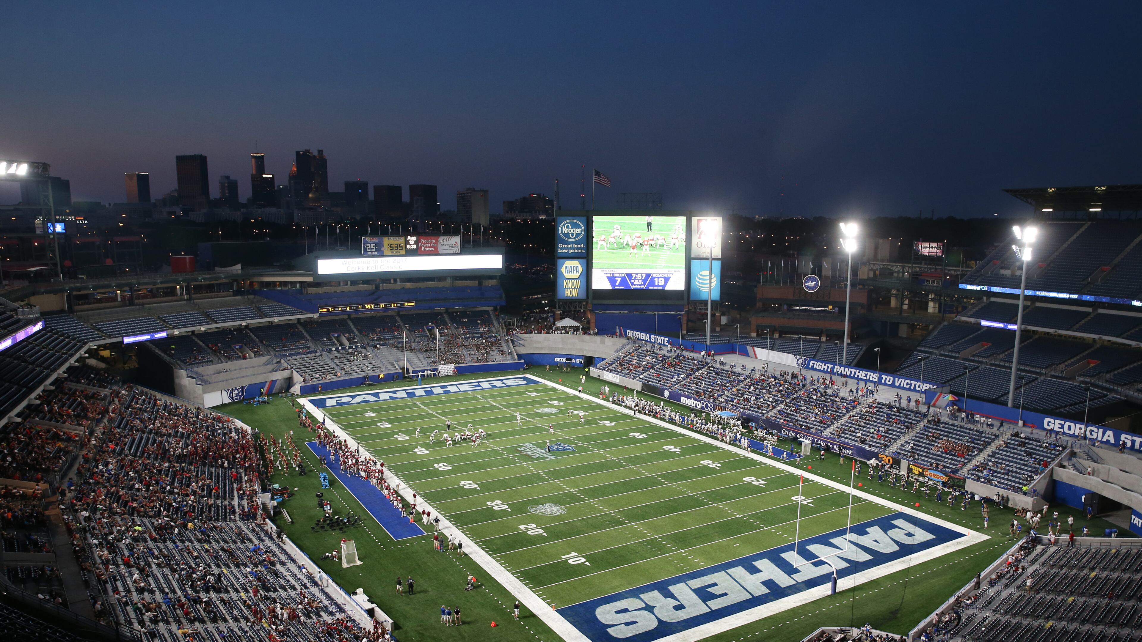 The sun sets during the McEachern vs Mill Creek game of the Corky Kell Classic at Georgia State Stadium Saturday, August 19, 2017, in Atlanta.