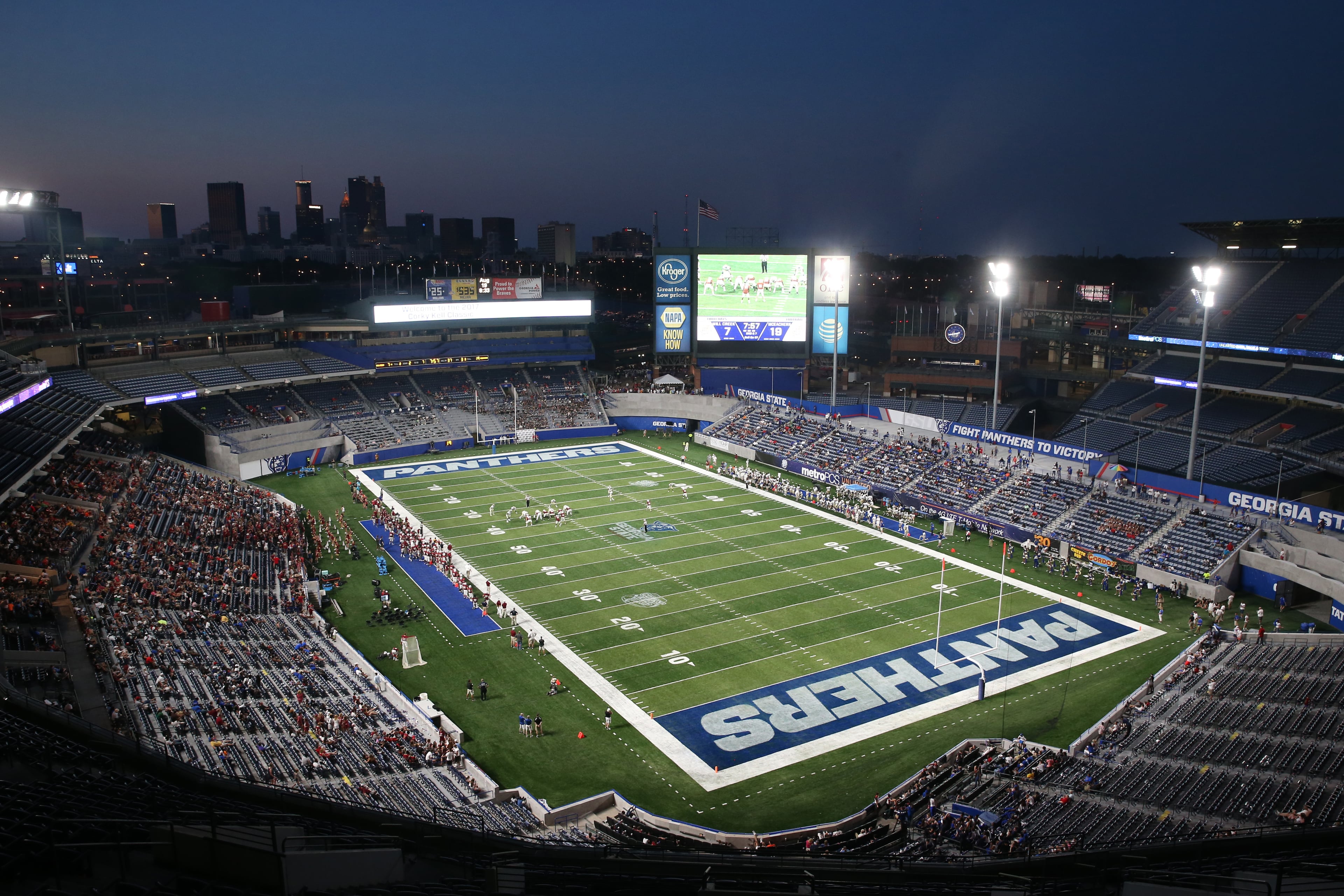 The sun sets during the McEachern vs Mill Creek game of the Corky Kell Classic at Georgia State Stadium Saturday, August 19, 2017, in Atlanta.