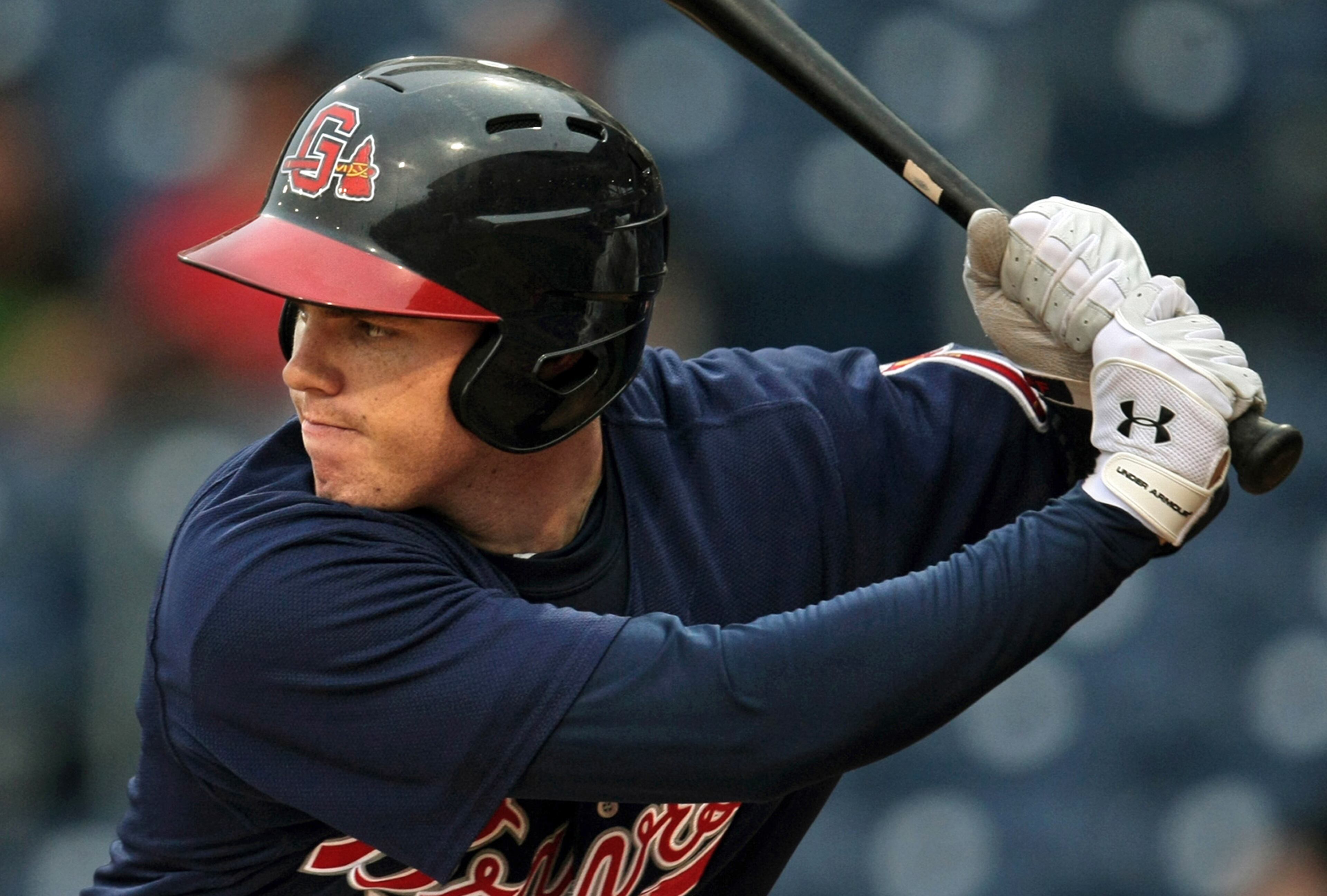 Gwinnett Braves first baseman Freddie Freeman faces a Pawtucket Red Sox pitcher in 2010. Jason Getz, jgetz@ajc.com