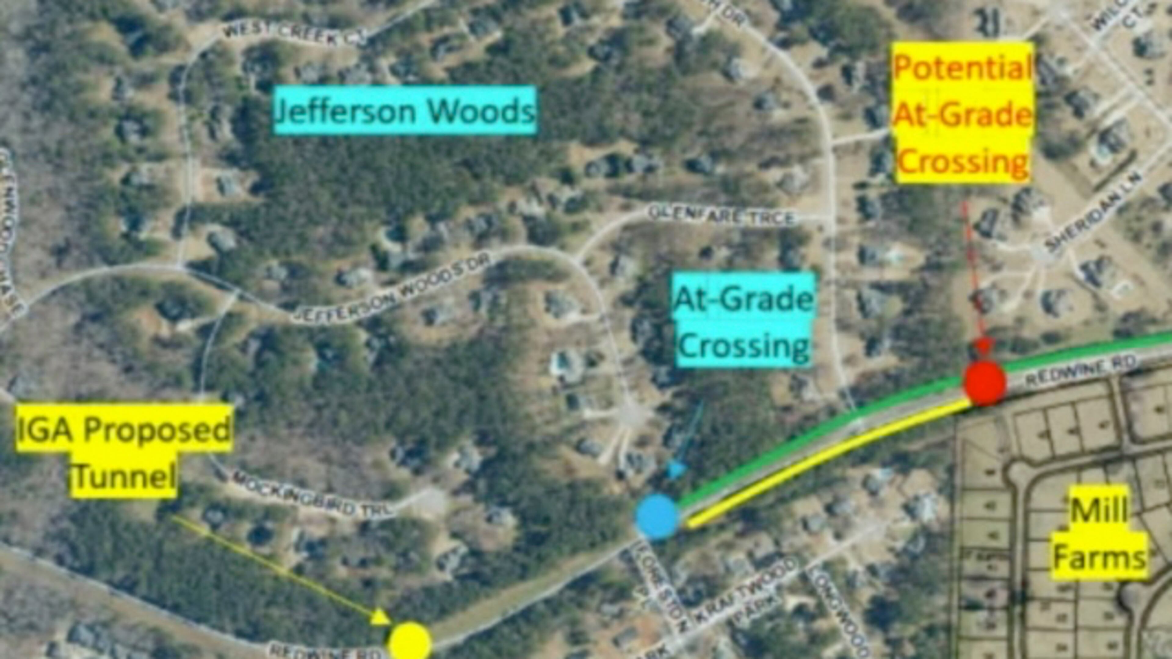 A planned tunnel under Redwine Road near the Starr's Mill school complex will replace a current at-grade crossing. Courtesy Fayette County