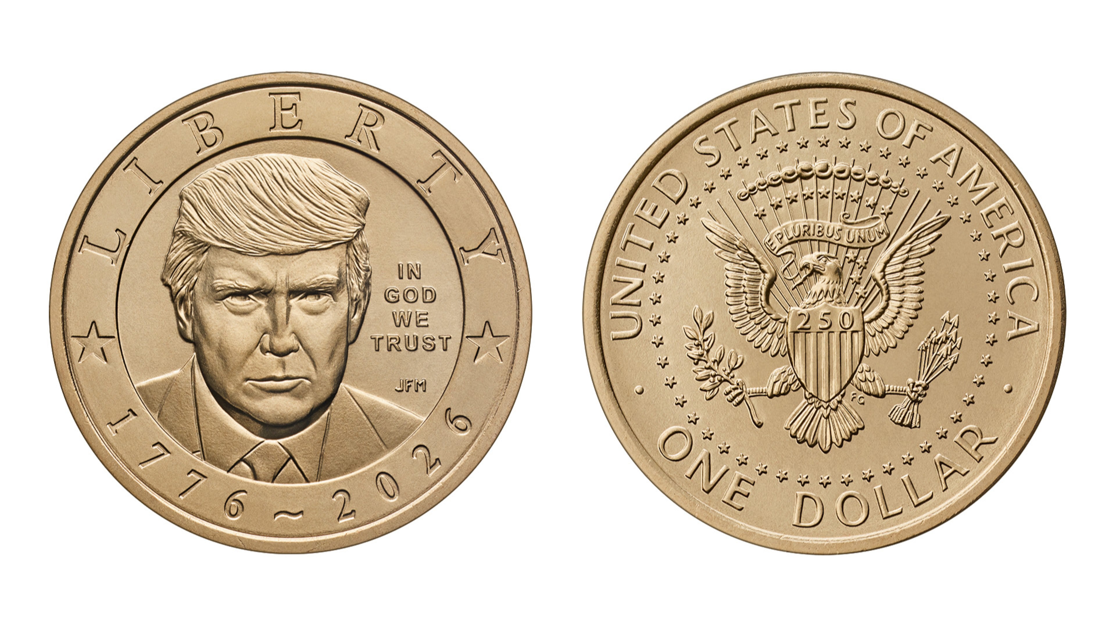 FILE - The U.S. Mint has started producing a new $1 coin featuring President Donald Trump's image. (AP Graphic/Treasury Department, File)