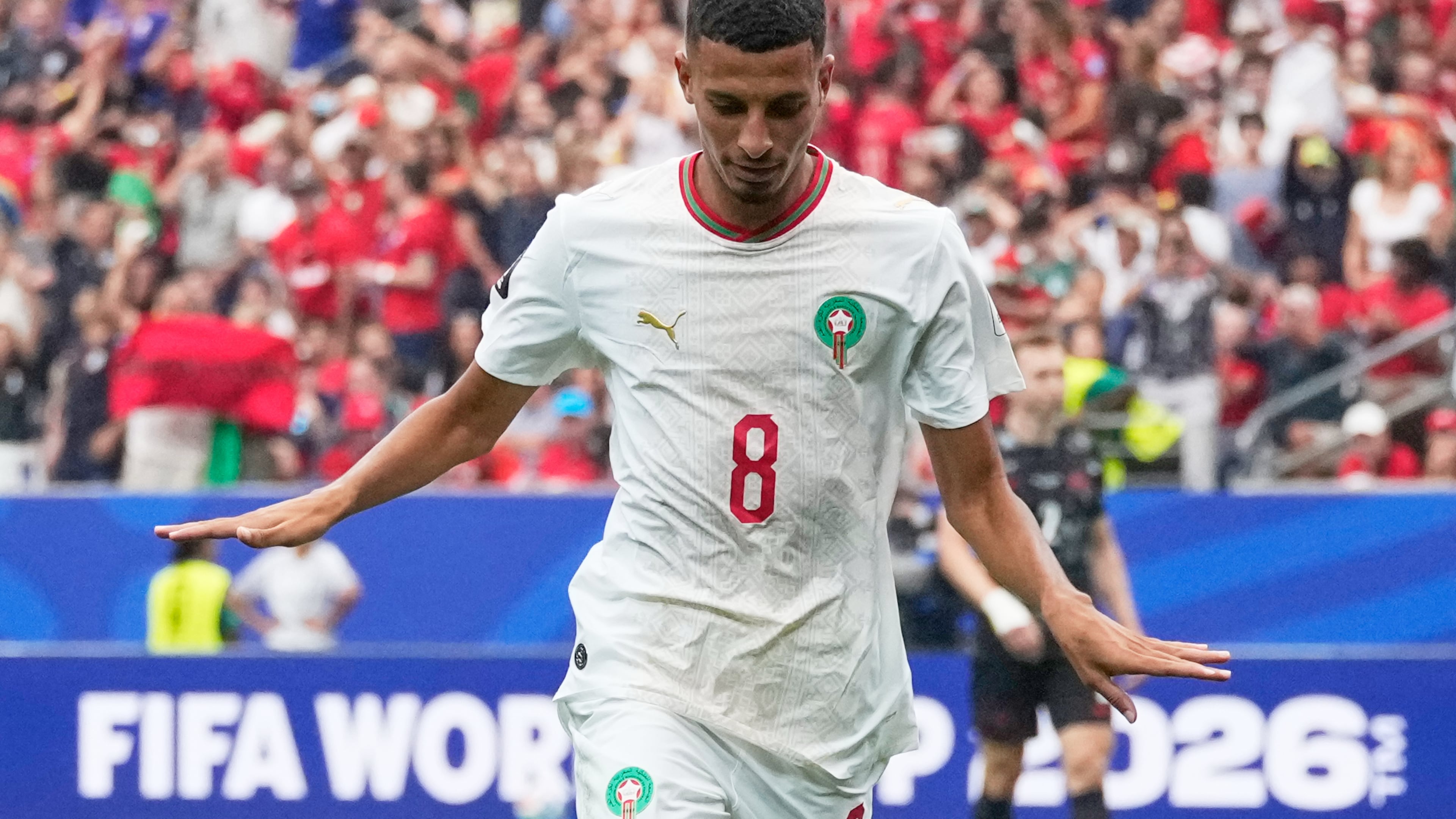 Morocco's Azzedine Ounahi celebrates after scoring his side's second goal against Canada during the World Cup round of 16 soccer match in Houston, Saturday, July 4, 2026. (AP Photo/David J. Phillip)