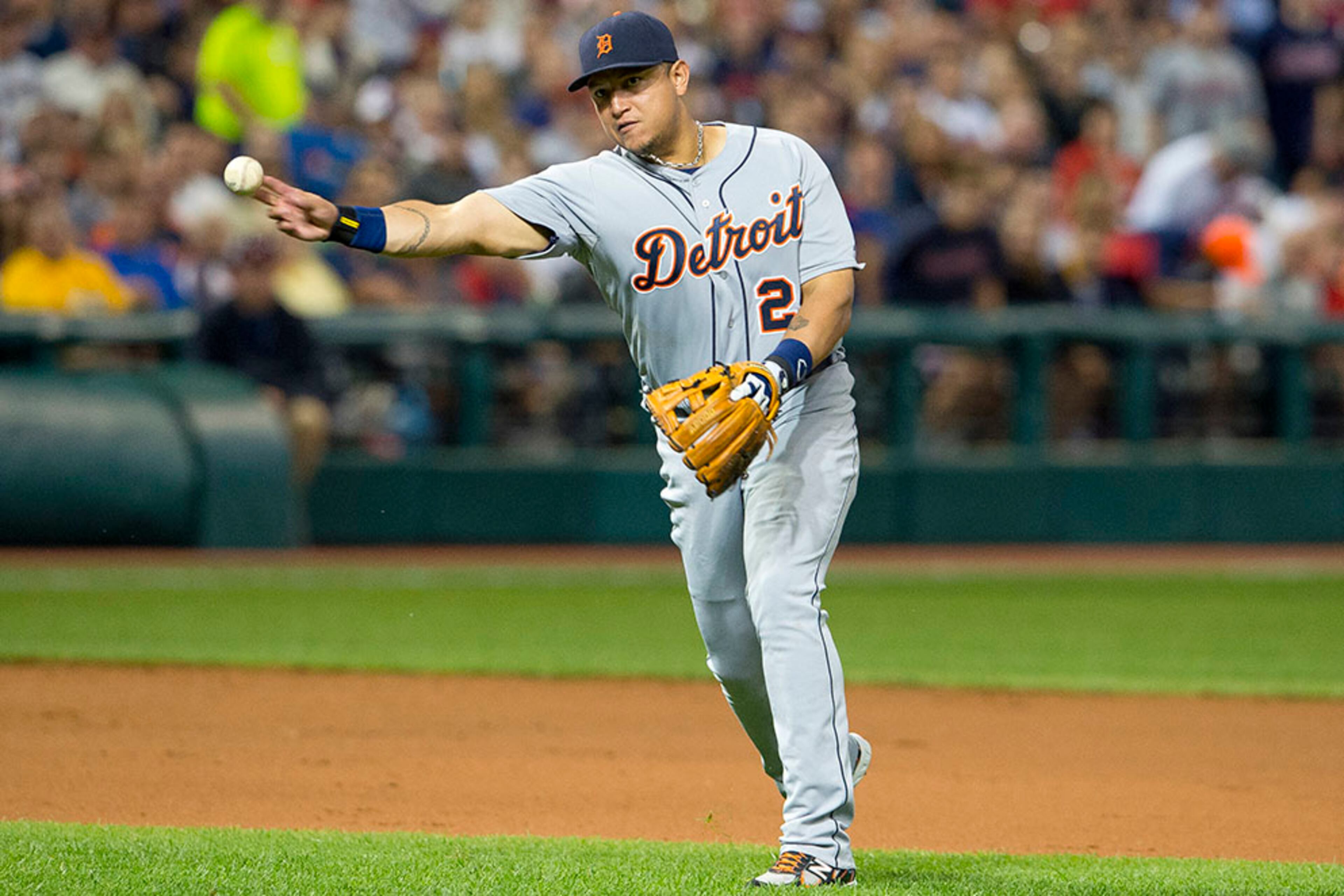 CLEVELAND, OH - AUGUST 5: Third baseman Miguel Cabrera #24 of the Detroit Tigers throws out Jason Giambi #25 of the Cleveland Indians at first during the seventh inning at Progressive Field on August 5, 2013 in Cleveland, Ohio. (Photo by Jason Miller/Getty Images)