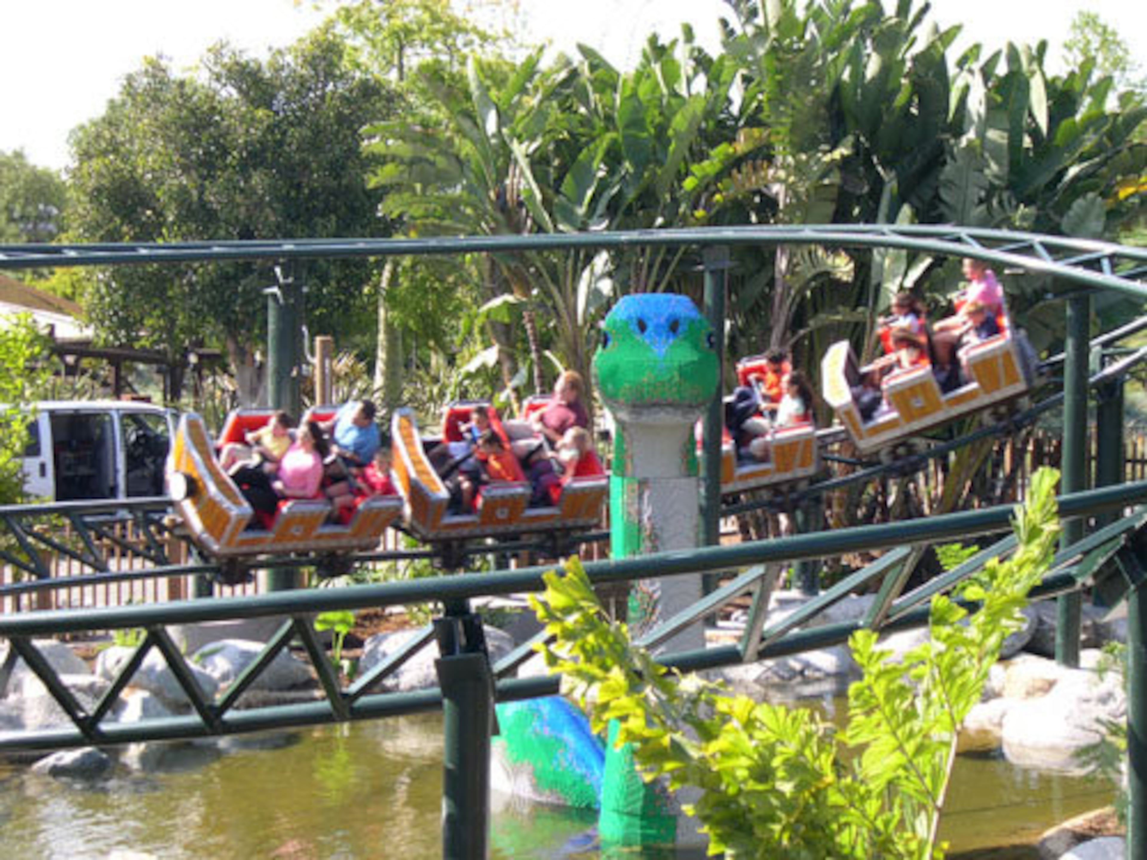 The Coastersaurus is a junior coaster that reaches speeds of nearly 20 miles per hour as it climbs, curves and dips in and around a prehistoric jungle of animated and life-sized LEGO brick dinosaurs.