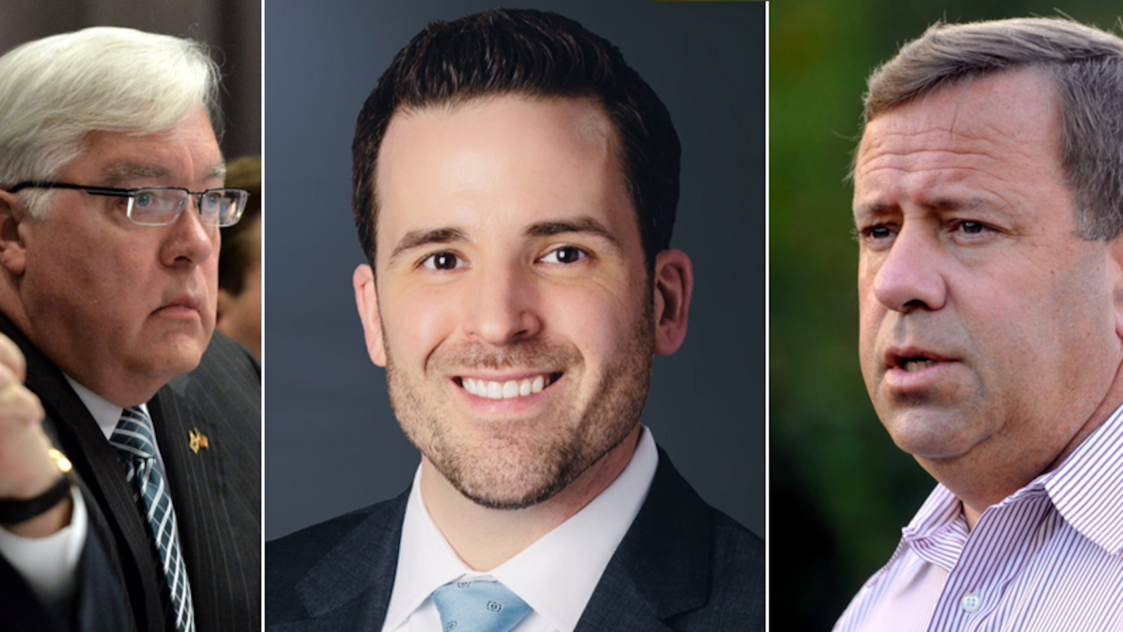 From left, attorney Ben Mathis with Cobb Commission Chairman Tim Lee, commission candidate Jonathan Page and the commissioner Page is trying to unseat, Bob Ott. (AJC file photos)