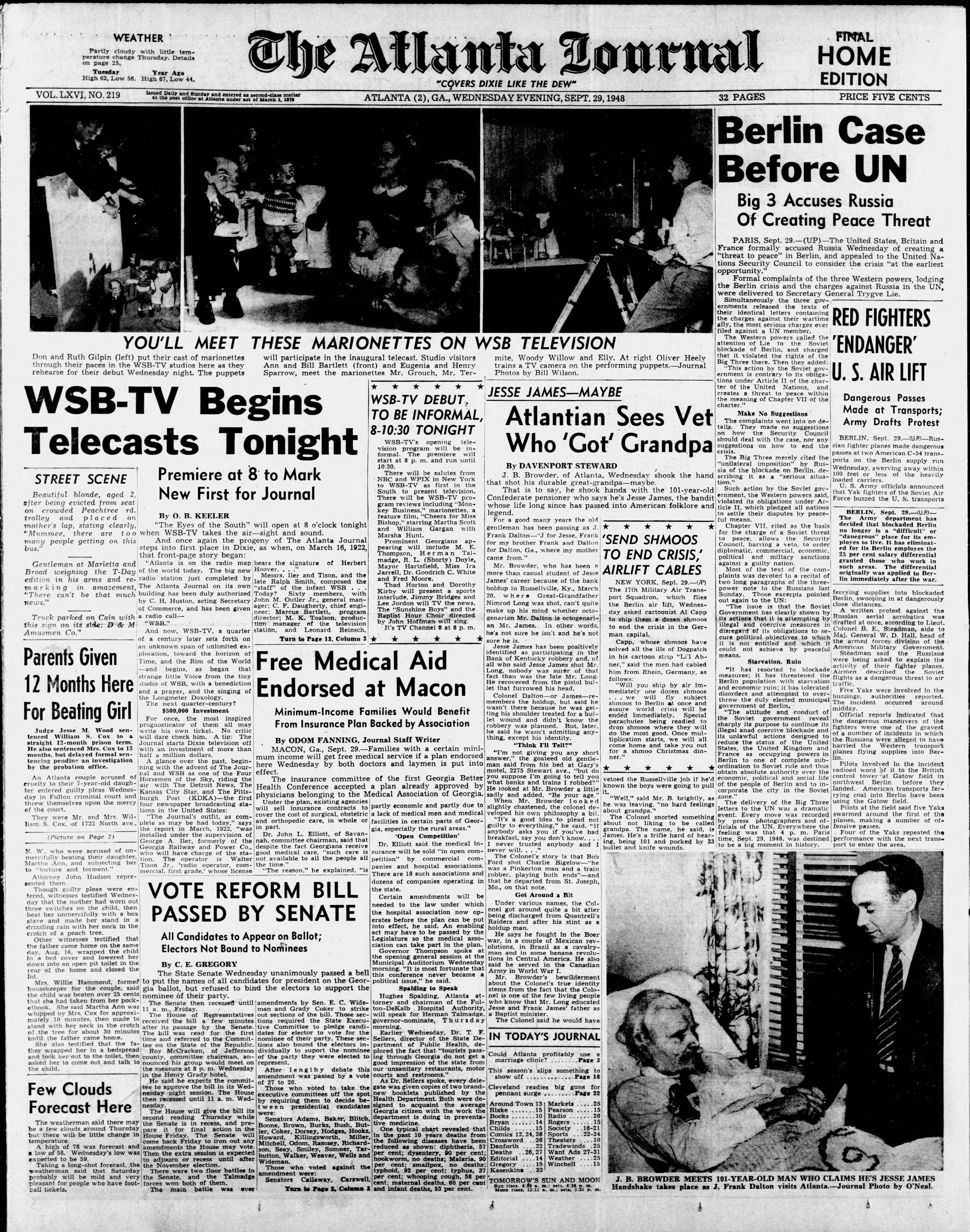 The Atlanta Journal front page on Sept. 29, 1948.