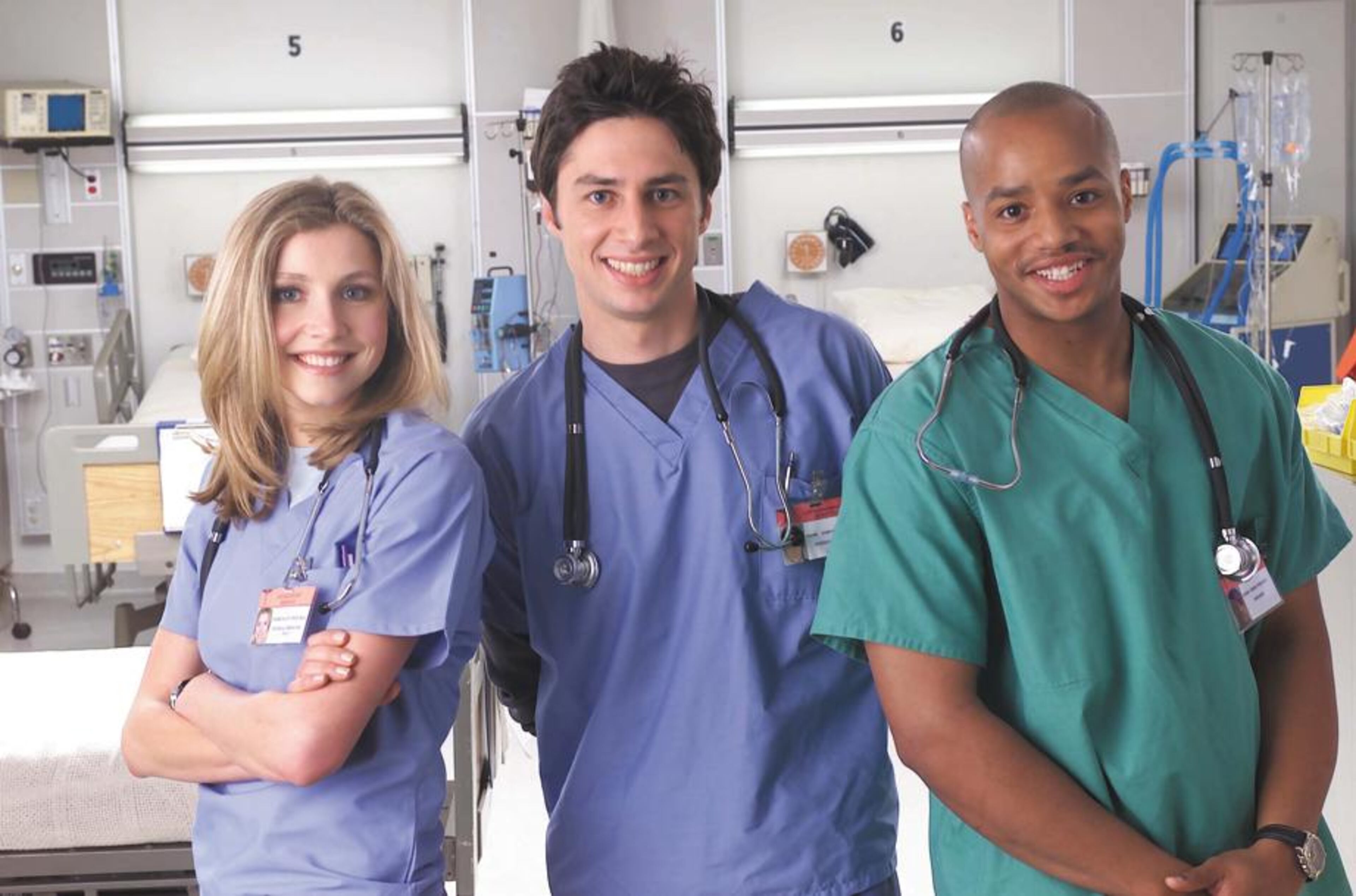 Sarah Chalke, left, Zach Braff and Donald Faison played medical drama for laughs as Dr. Elliot Reid, Dr. John Michael "J.D." Dorian and Dr. Christopher Turk, respectively on "Scrubs," a comedy set at fictional Sacred Heart teaching hospital. The show ran from 2001-2010.