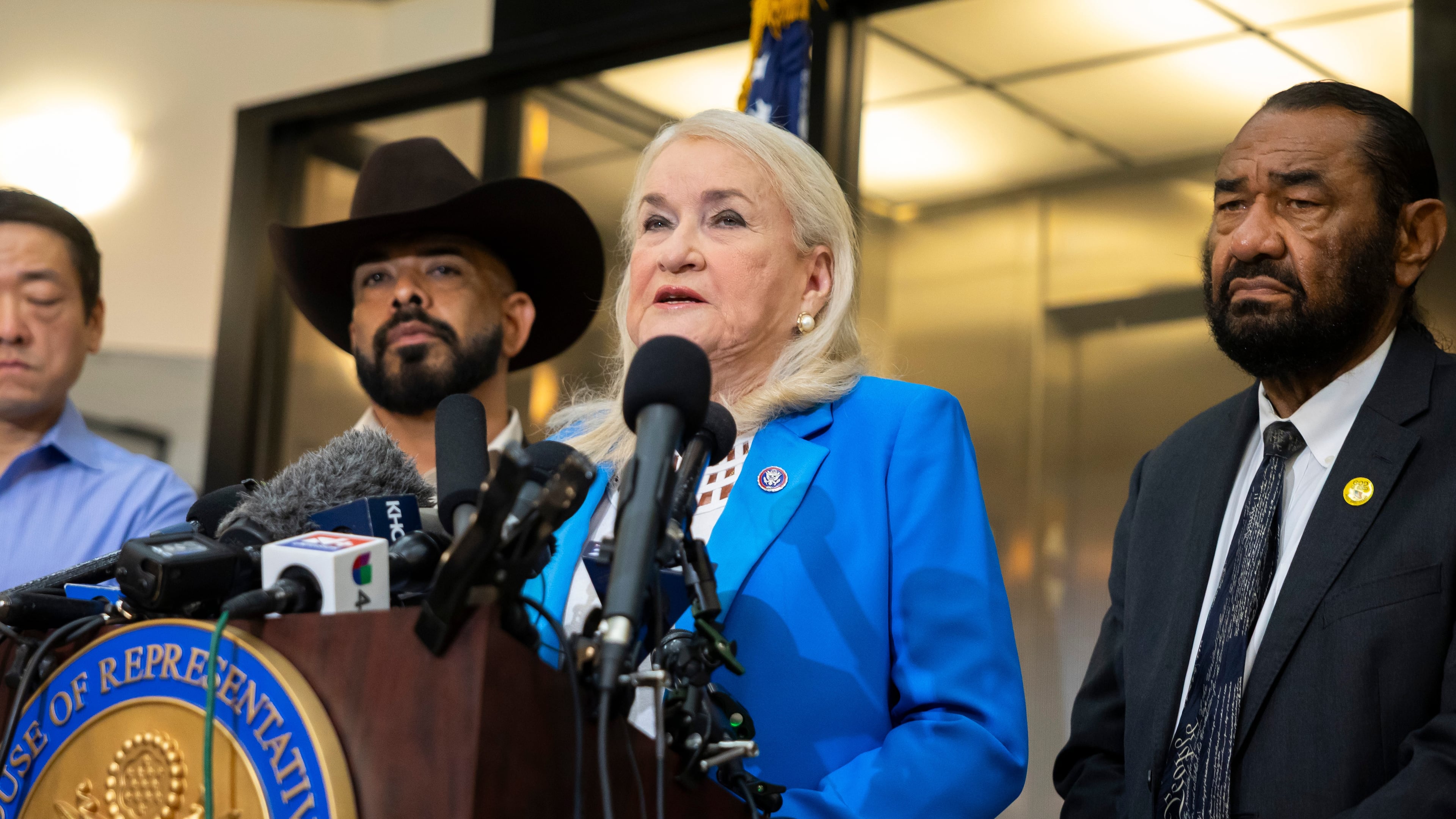 Congresswoman Sylvia Garcia speaks during a press briefing regarding her conversation with Acting ICE Director David Venturella outside her office in Houston, on Friday, July 10, 2026. (AP Photo/Annie Mulligan)