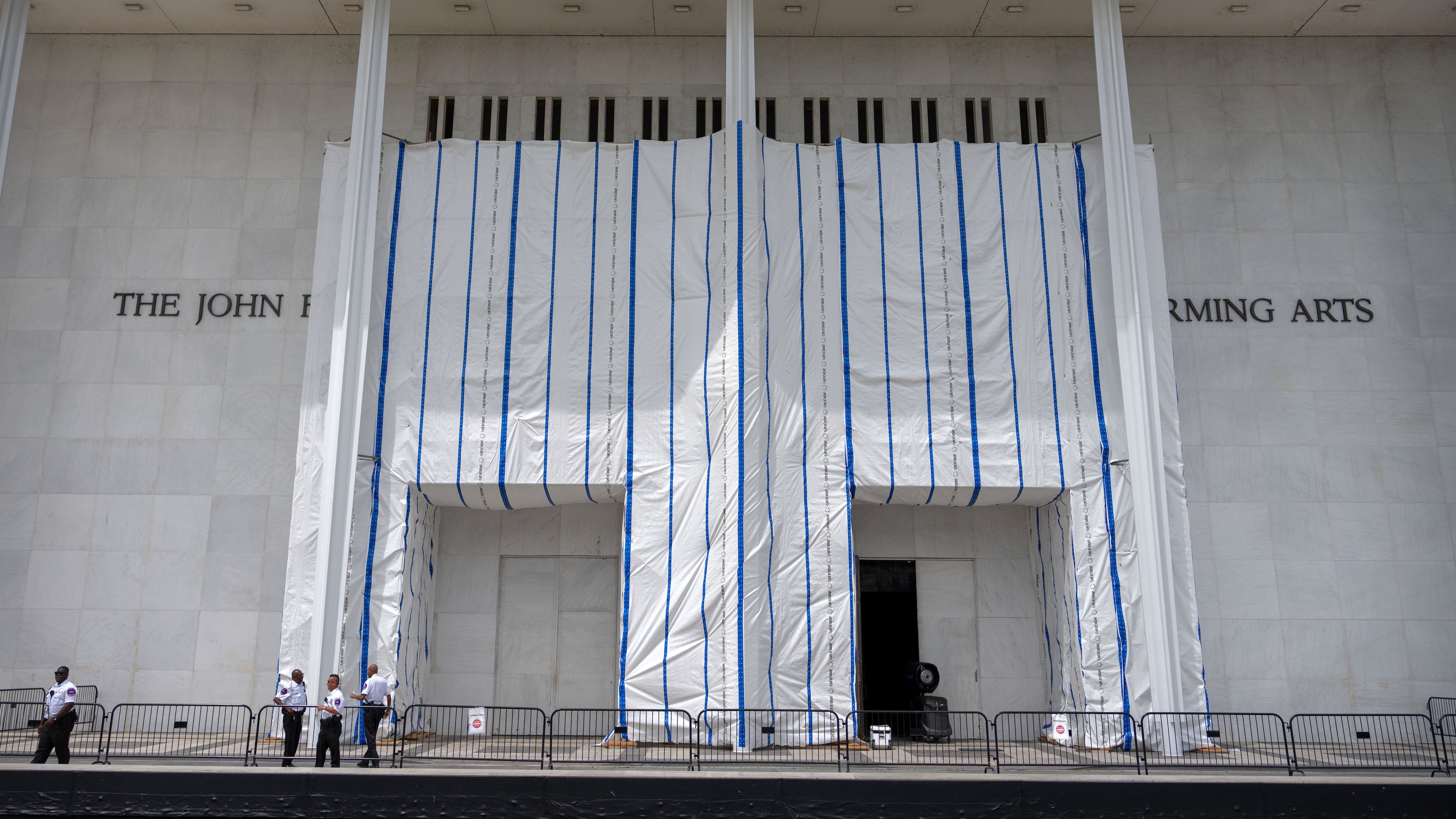 The exterior of the Kennedy Center is seen, Friday, July 31, 2026, in Washington. (AP Photo/Mark Schiefelbein)