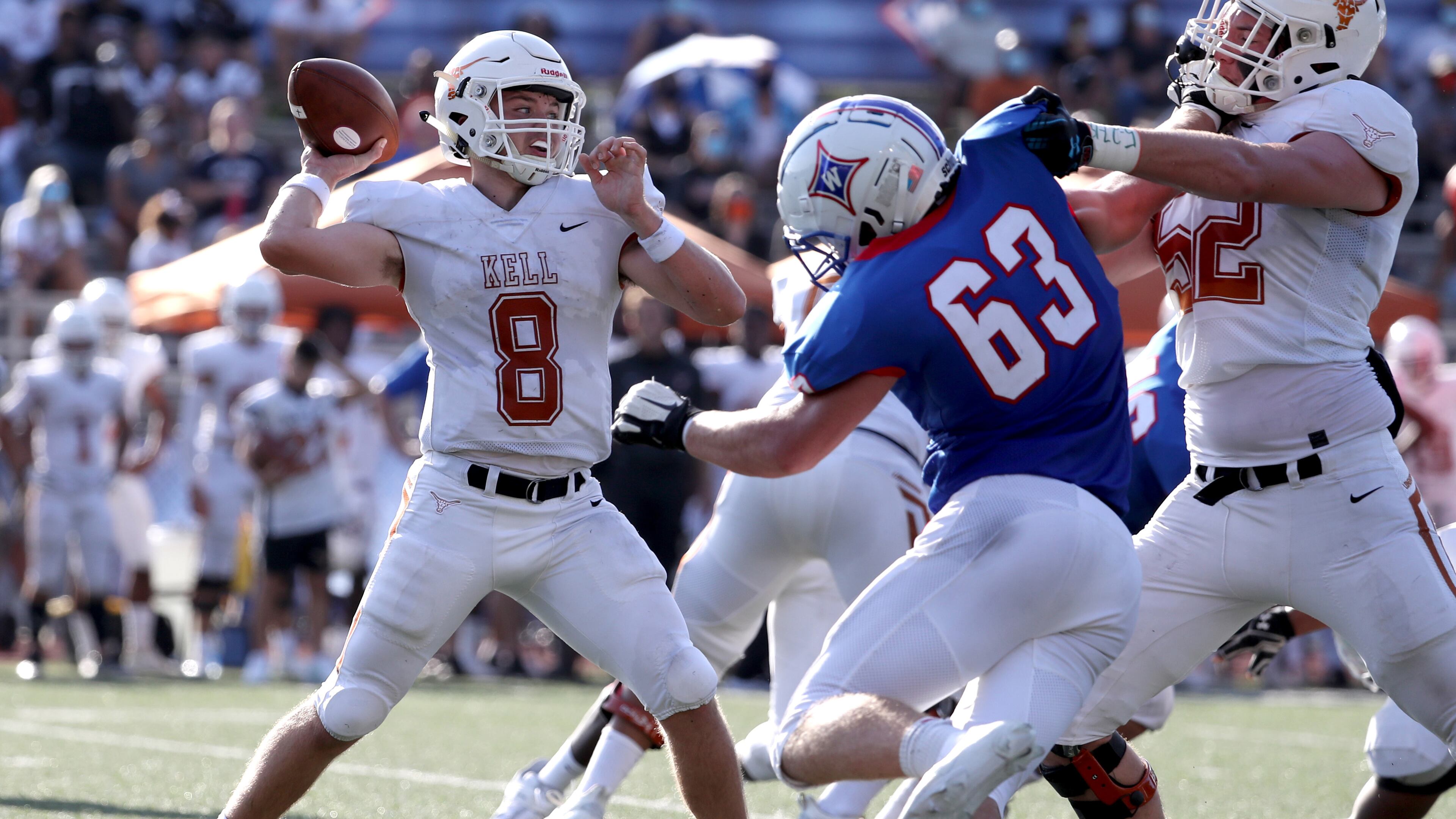 Kell quarterback Corbin LaFrance (8), pictured against Walton in the Corky Kell Classic on September 4, 2020, passed for 345 yards and five touchdowns in a 43-13 victory over South Cobb last week. (Jason Getz/Special to the AJC)