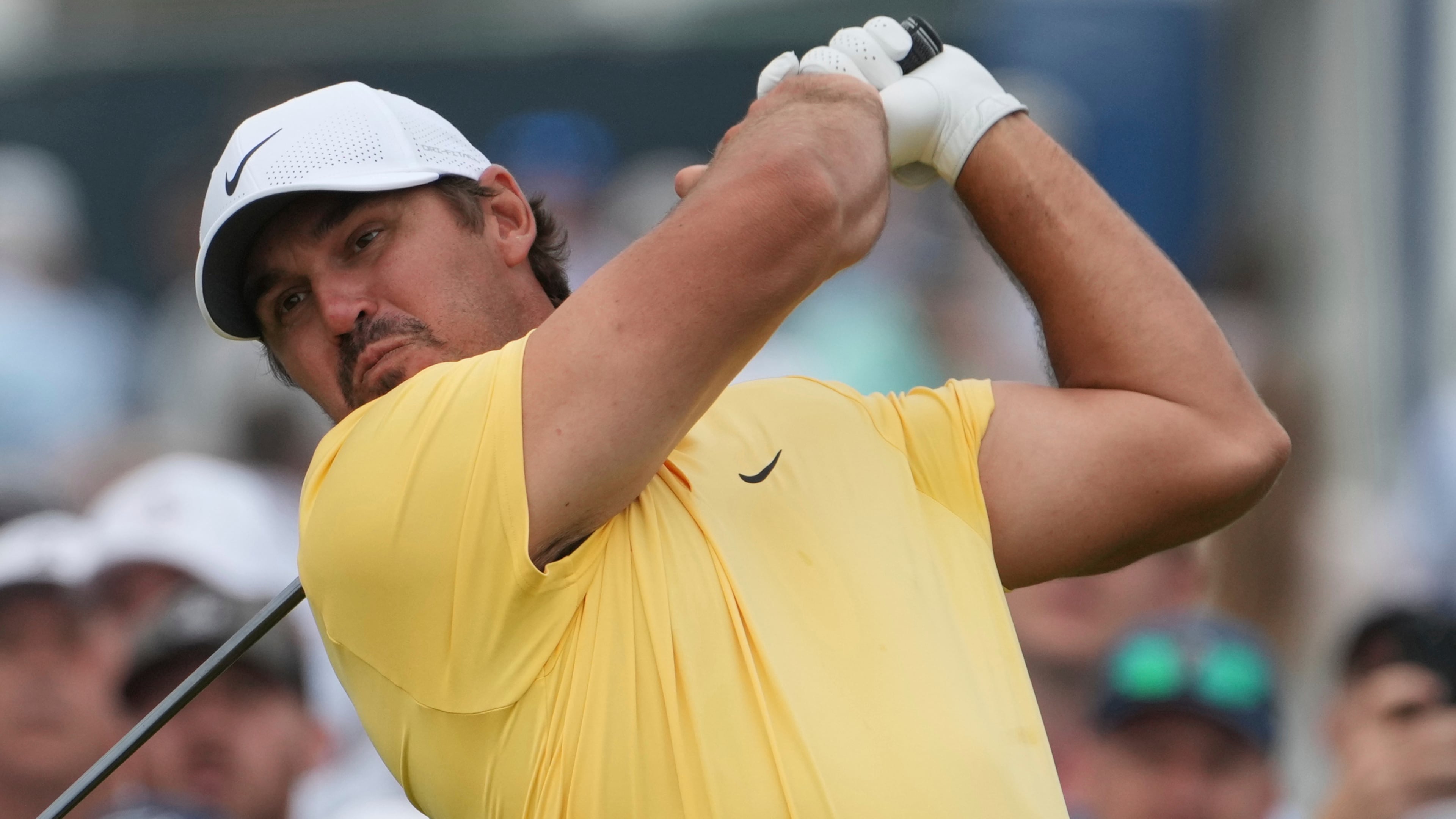 FILE - Brooks Koepka tees off on the 15th hole during the second round of the U.S. Open golf tournament at Oakmont Country Club Friday, June 13, 2025, in Oakmont, Pa. (AP Photo/Gene J. Puskar, File)