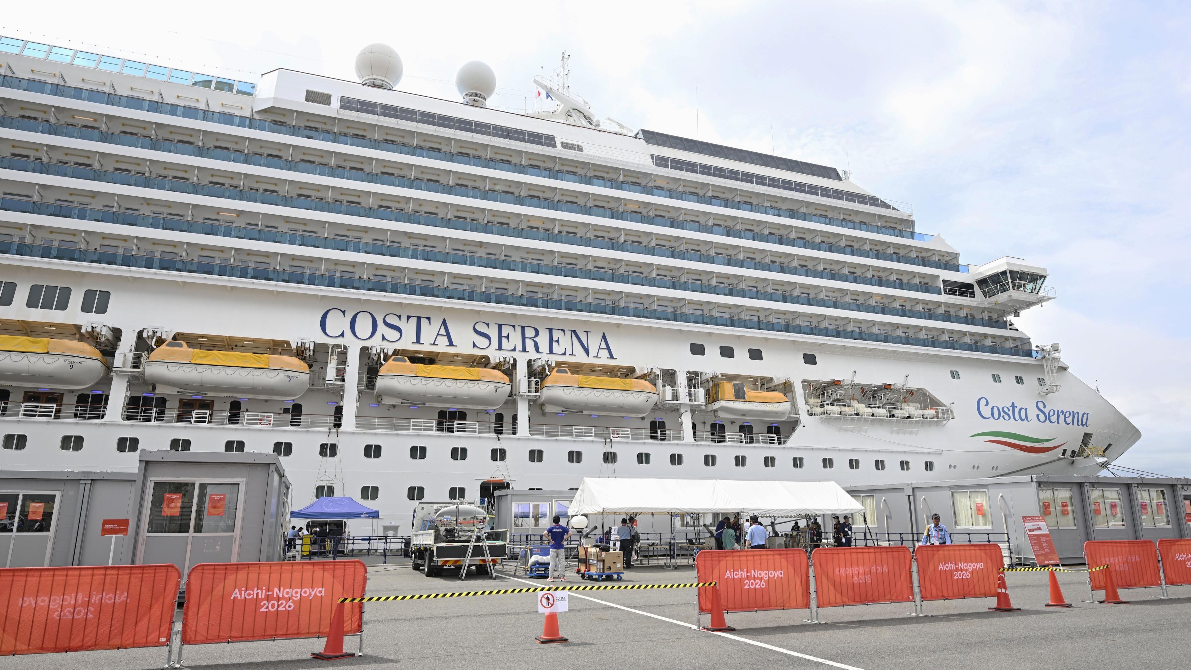 The Italian cruise ship, the Costa Serena, that will house up to 5,000 officials and athletes for the Asian Games, arrives at a port in Nagoya, central Japan, Tuesday, Sept. 15, 2026. (Kazushi Kurihara/Kyodo News via AP)