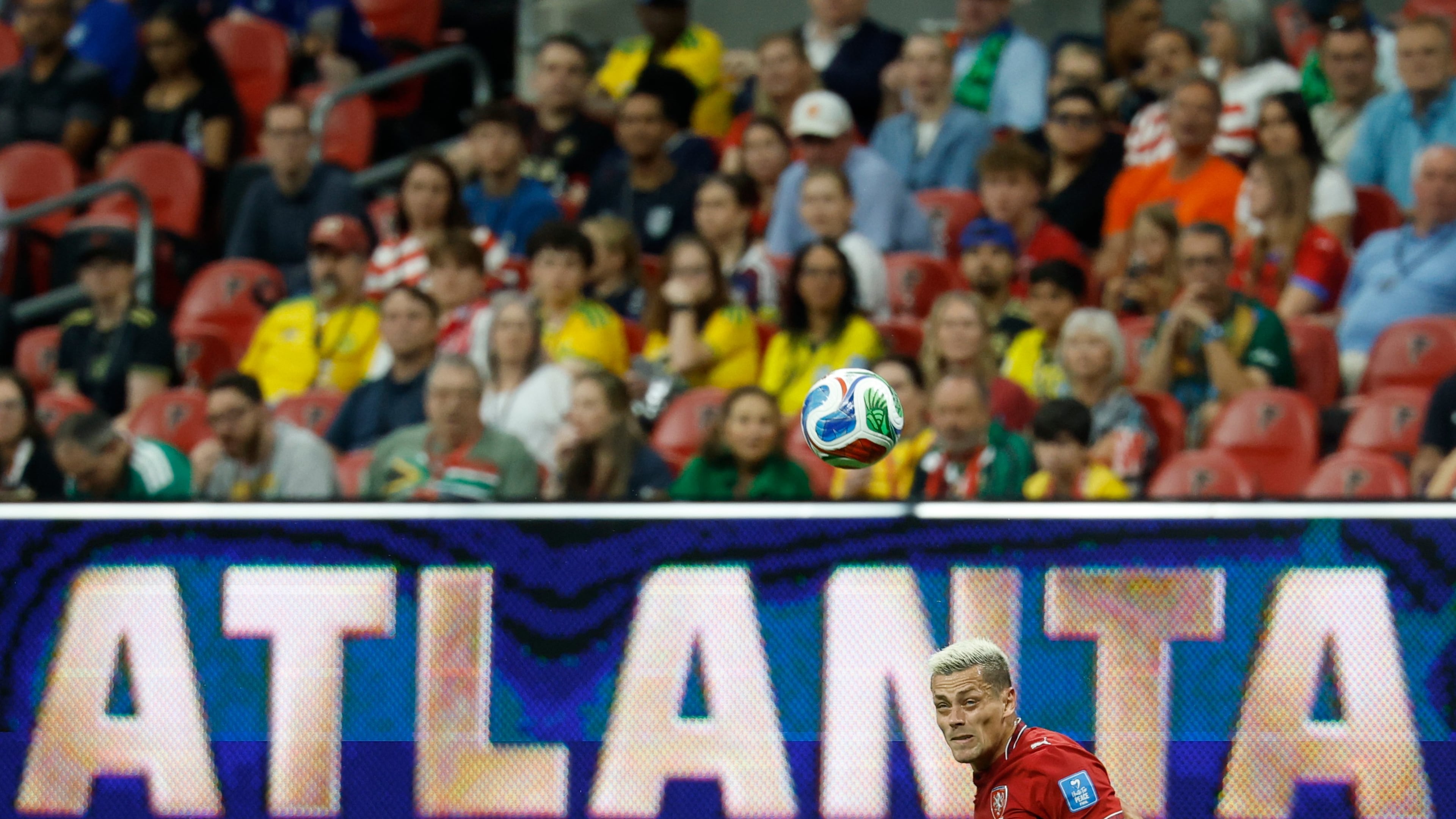 Czechia's Tomas Holes heads the ball during the World Cup Group A soccer match between Czechia and South Africa in Atlanta, Thursday, June 18, 2026. (AP Photo/Erik S. Lesser)