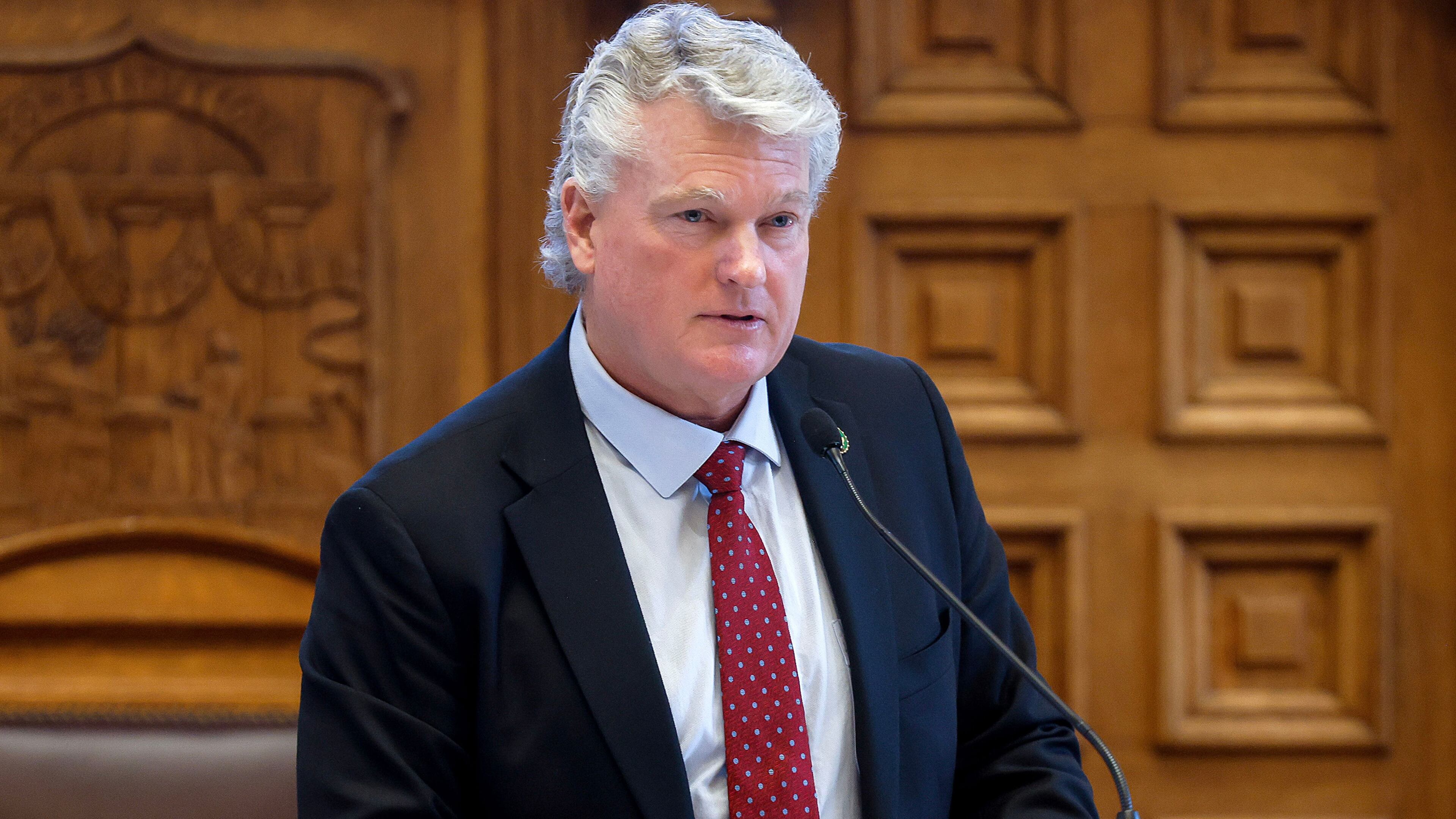 U.S. Rep. Mike Collins (R-Georgia) speaks in the Senate chambers on Day 22 of the legislative session at the Georgia State Capitol on Wednesday, Feb. 22, 2023. (Natrice Miller/The Atlanta Journal-Constitution/TNS)