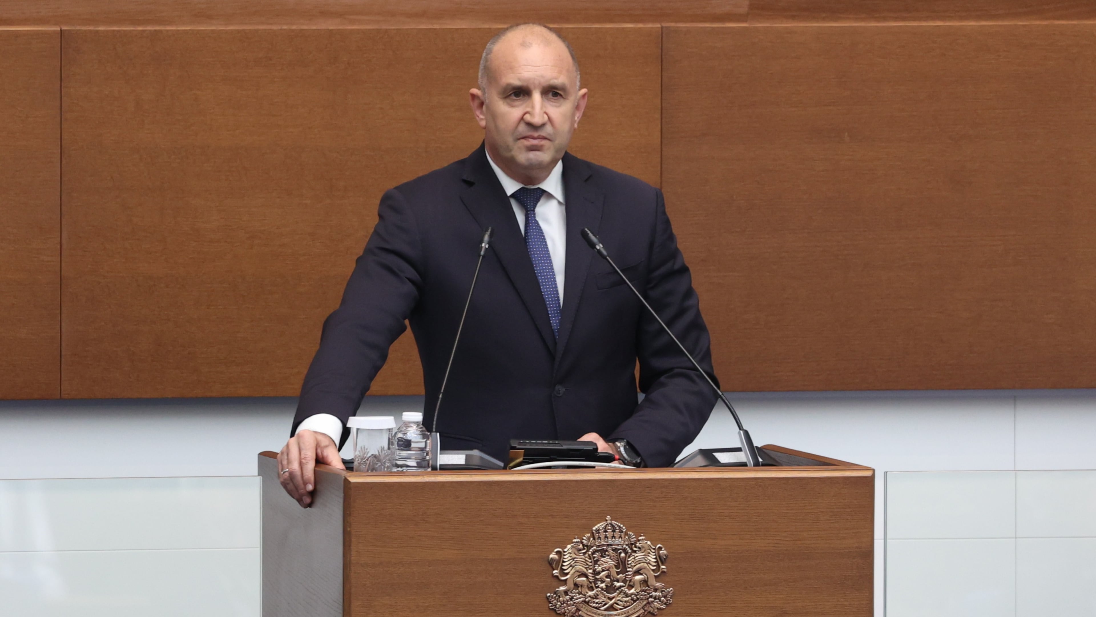 Prime Minister Rumen Radev speaks during debated as Bulgarian Parliament approved deployment of U.S. military aircraft on Bulgarian territory in a 136-13 vote, Wednesday, July 22, 2026. (Bulgarian News Agency via AP)