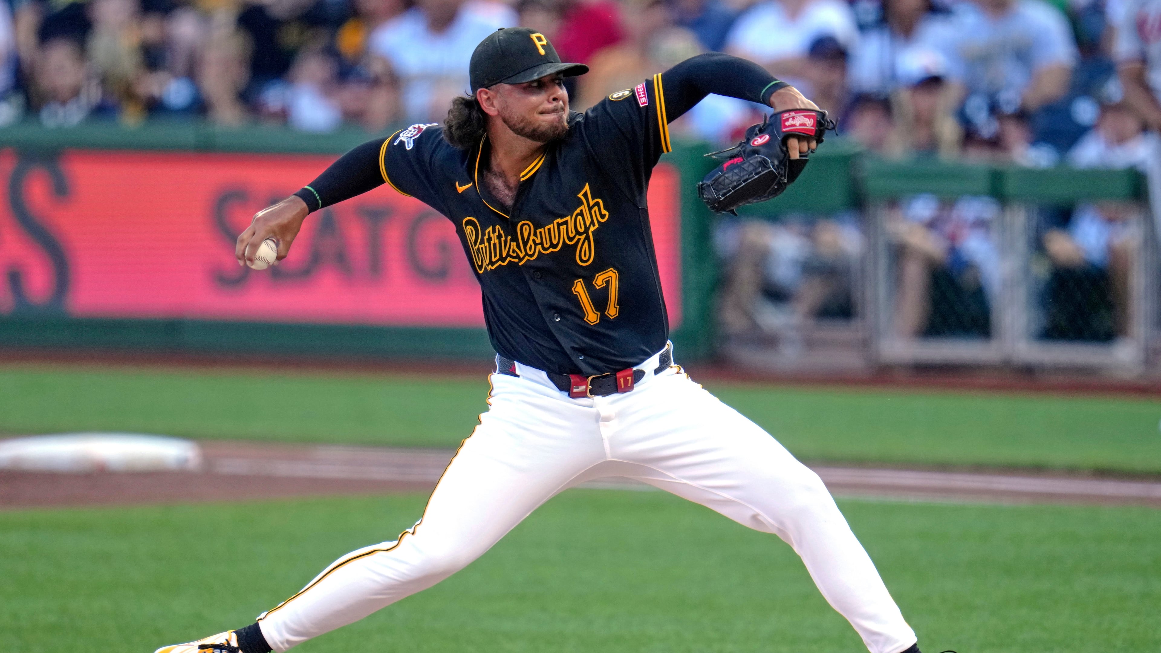 Pittsburgh Pirates pitcher Jared Jones delivers during the first inning of a baseball game against the Atlanta Braves in Pittsburgh, Wednesday, July 8, 2026. (AP Photo/Gene J. Puskar)
