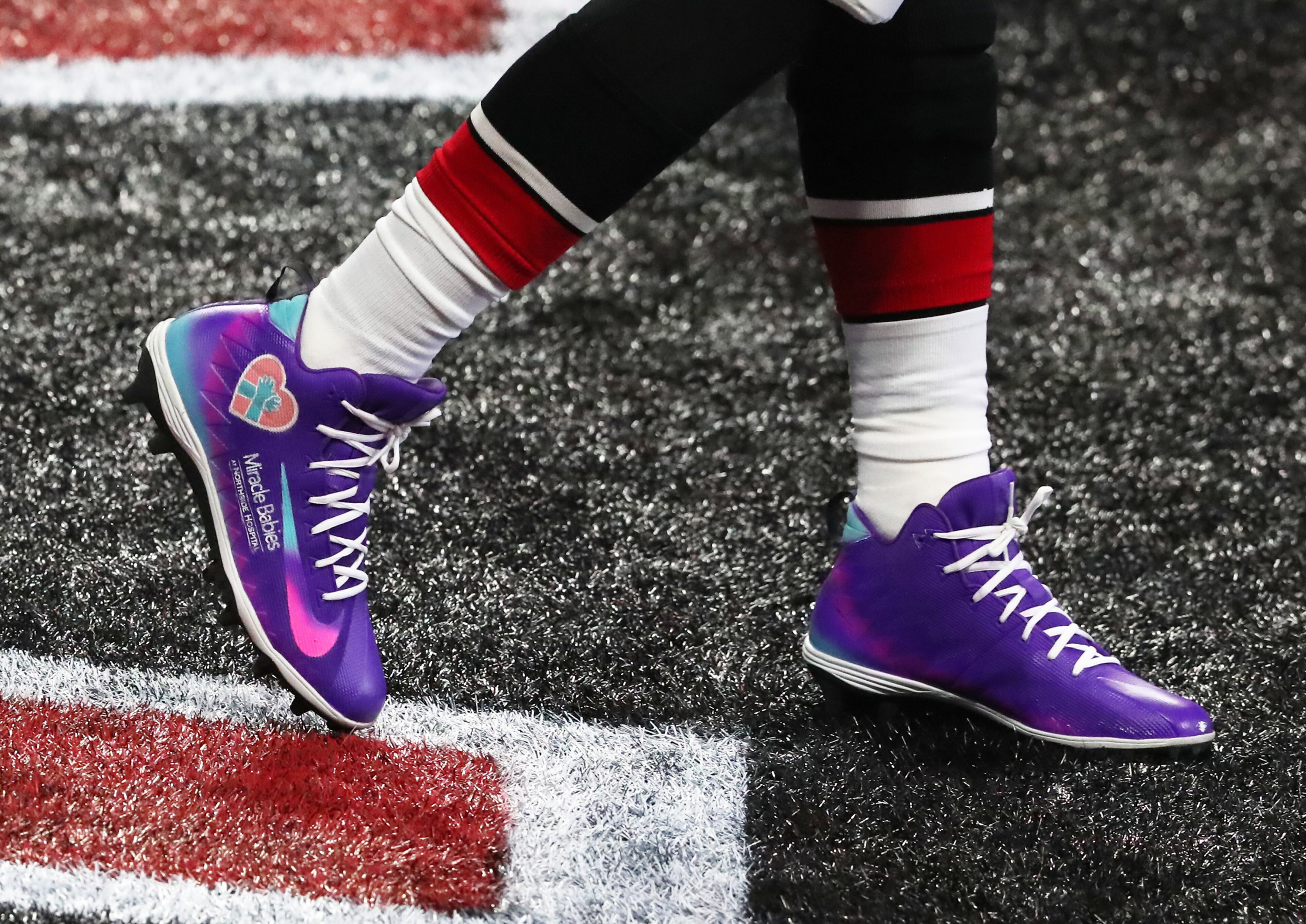Falcons quarterback Matt Ryan sports special Miracle Babies cleats against the New Orleans Saints Sunday, Dec. 6, 2020, at Mercedes-Benz Stadium in Atlanta. (Curtis Compton / Curtis.Compton@ajc.com)