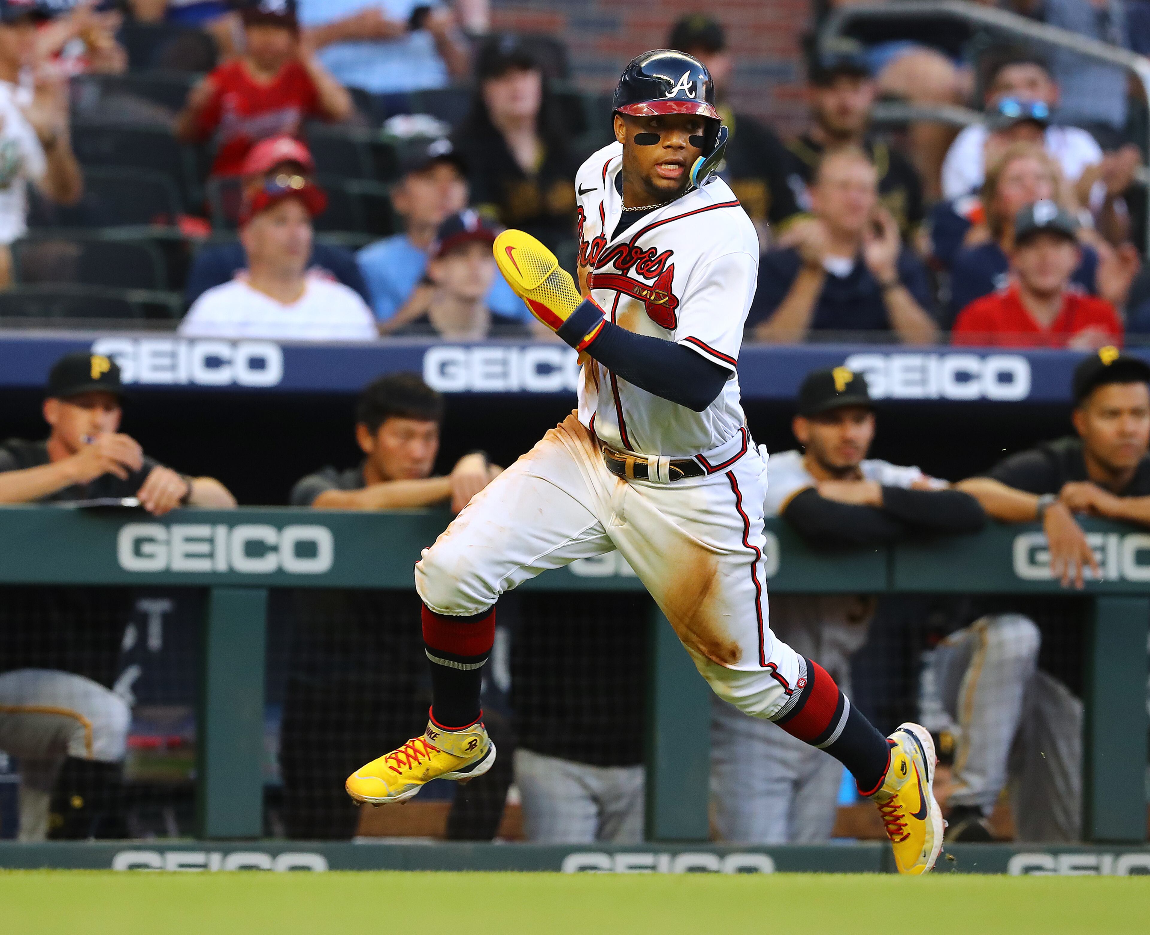 060922 Atlanta: Atlanta Braves outfielder Ronald Acuna heads home to score on a RBI single by shortstop Dansby Swanson to take a 2-0 lead over the Pittsburgh Pirates during the third inning in a MLB baseball game on Thursday, June 9, 2022, in Atlanta. “Curtis Compton / Curtis.Compton@ajc.com”