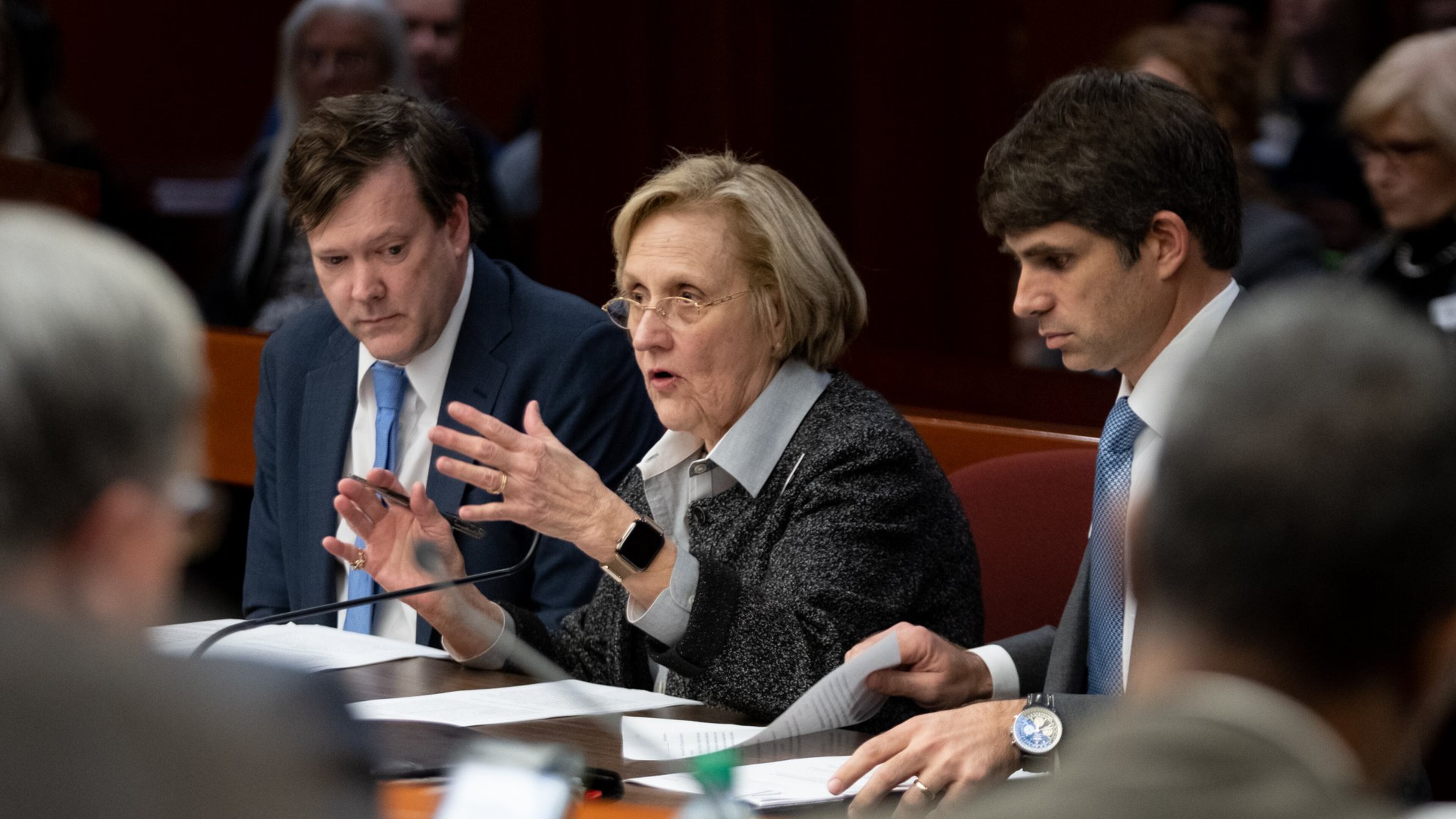 Rep. Sharon Cooper, R-Marietta, chair of the House Health and Human Services committee, presents her senior care bill and answers questions during a committee meeting in February. Rep. John LaHood (picture at right), R-Valdosta, operates senior care homes and was a co-sponsor of the reform bill. BEN GRAY FOR THE AJC