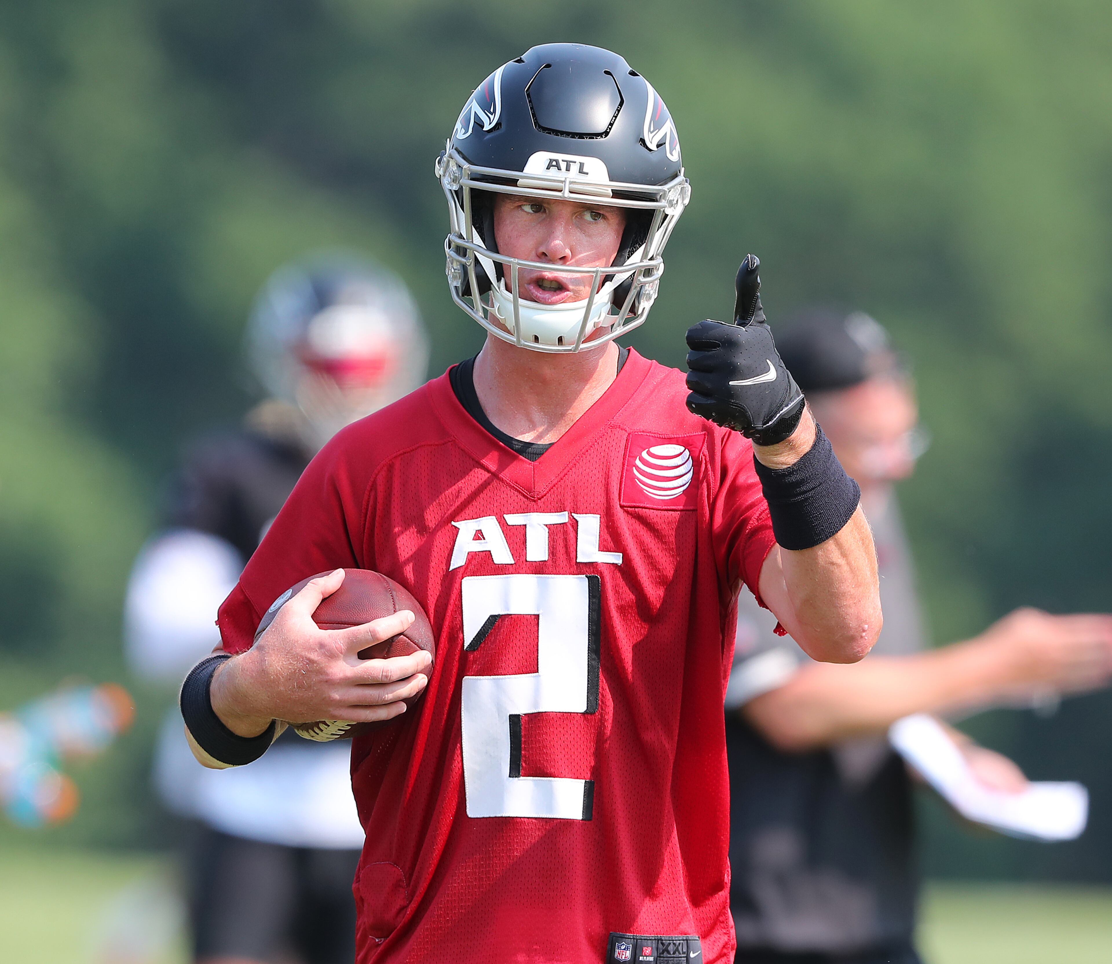 Atlanta Falcons quarterback Matt Ryan gives the thumbs up after a play on the third day of training camp practice on Saturday, July 31, 2021, in Flowery Branch. “Curtis Compton / Curtis.Compton@ajc.com”