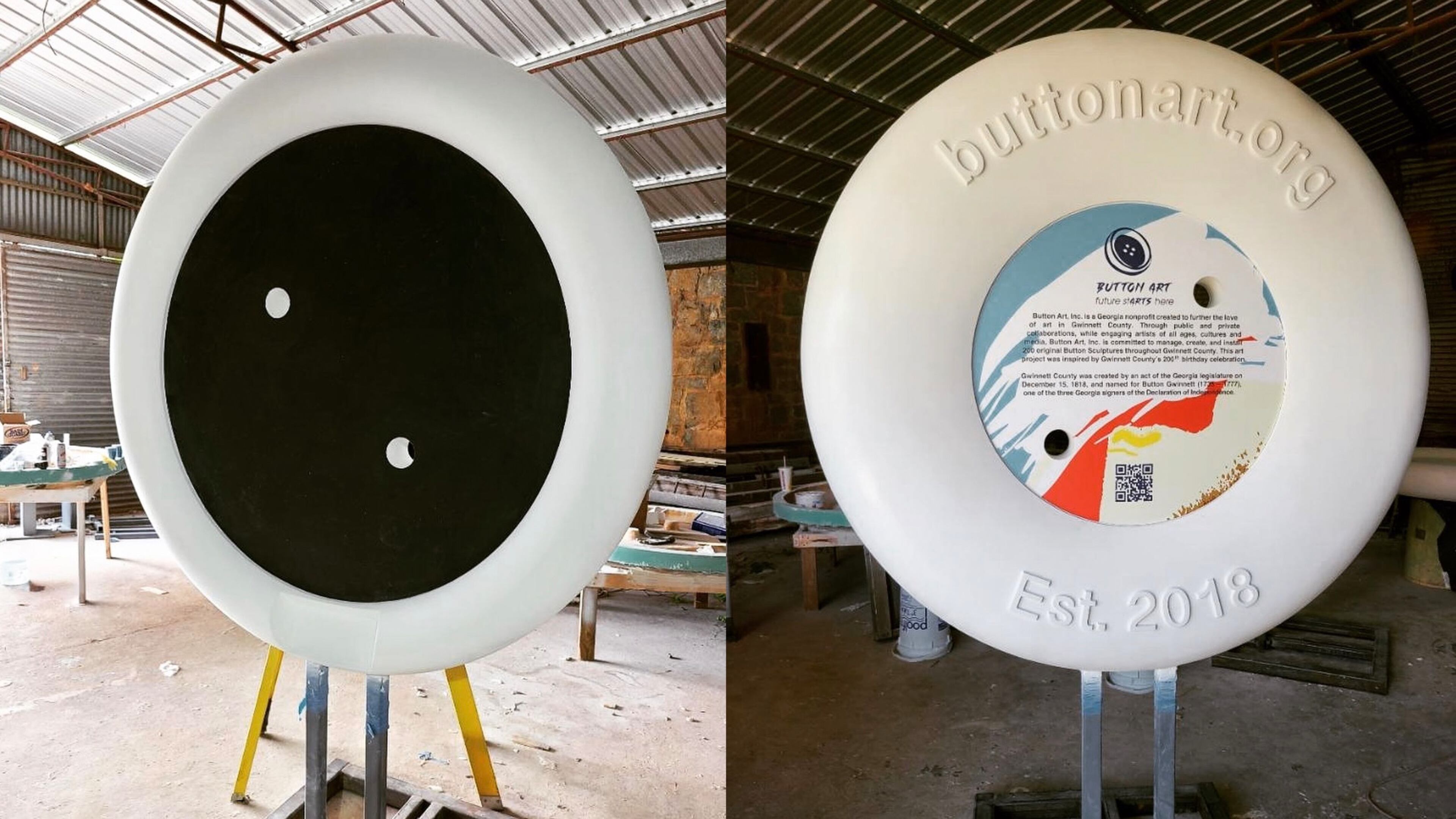 The first of Lilburn's two Button Art designs, a massive chalkboard, is assembled and ready for installation outside City Hall and Gwinnett Library at 340 Main St. (Courtesy City of Lilburn)