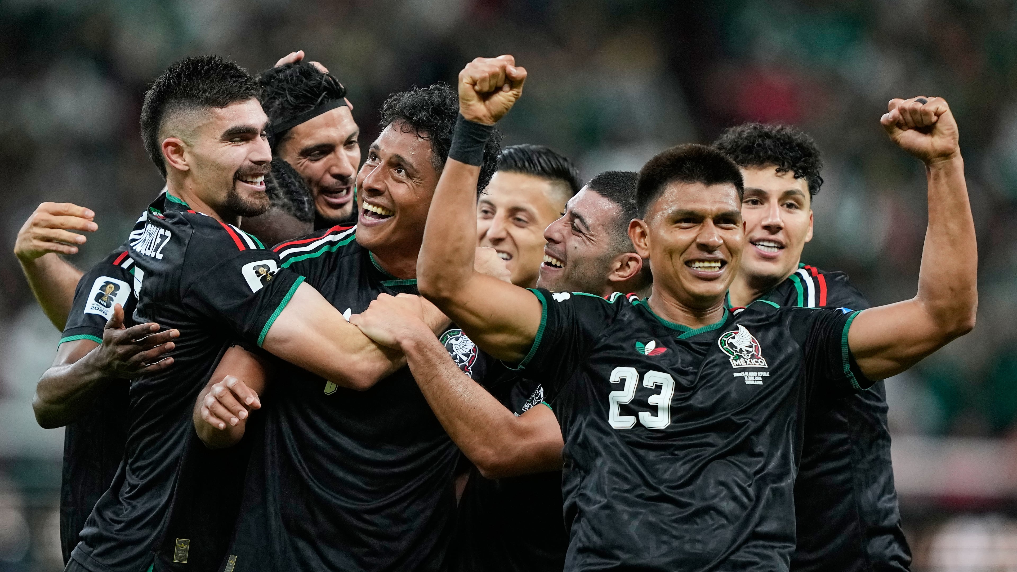 Mexico's Luis Romo, third left, celebrates with his teammates after scoring g his team's first goal during the World Cup Group A soccer match between Mexico and South Korea in Zapopan, near Guadalajara, Mexico, Thursday, June 18, 2026. (AP Photo/Natacha Pisarenko)