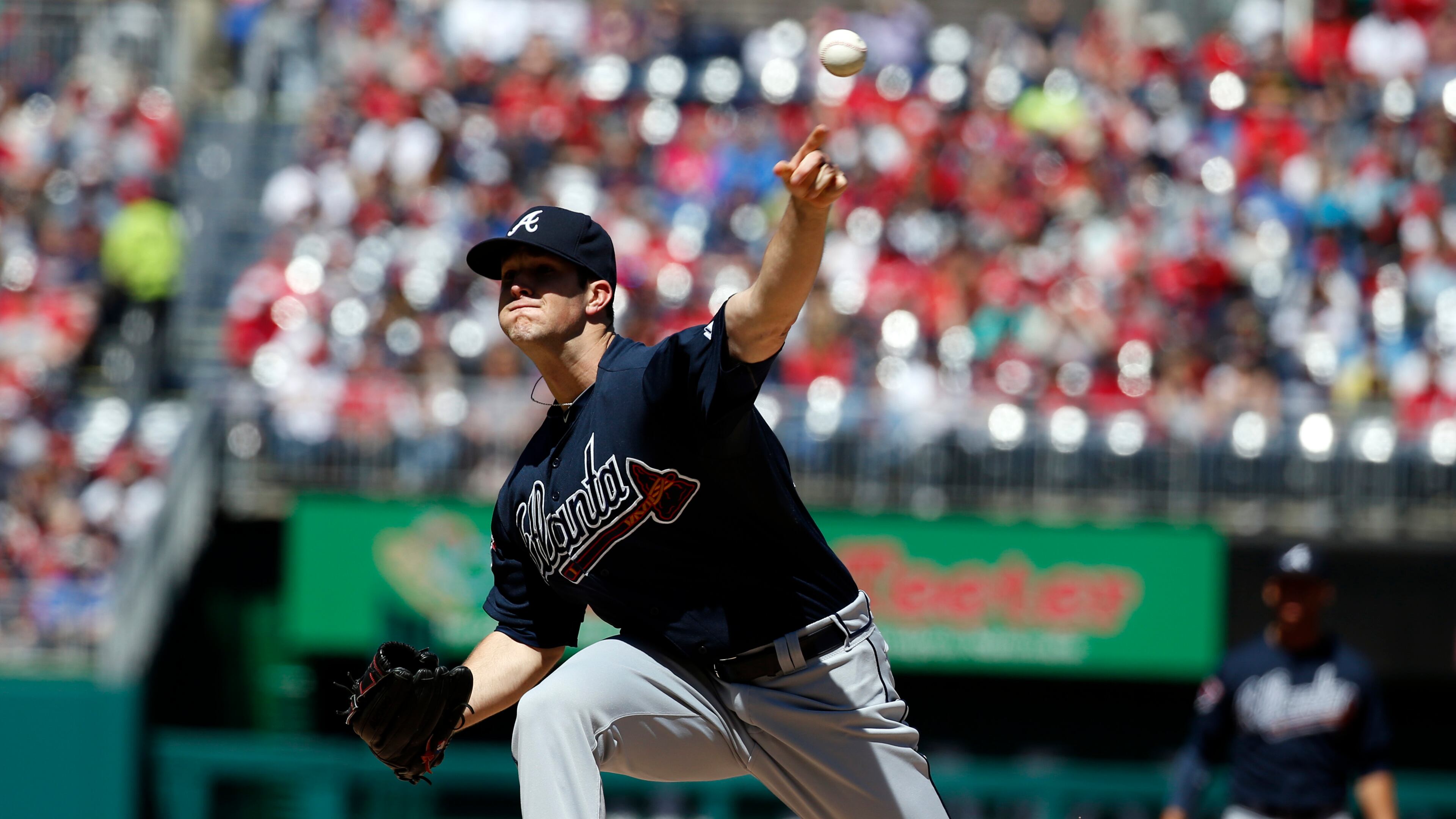Atlanta Braves relief pitcher Alex Wood throws during the first inning of a baseball game against the Washington Nationals at Nationals Park, Sunday, April 6, 2014, in Washington. (AP Photo/Alex Brandon) Braves pitcher Alex Wood faced 19 straight batters without allowing a hit until Ian Desmond's homer in the seventh.
