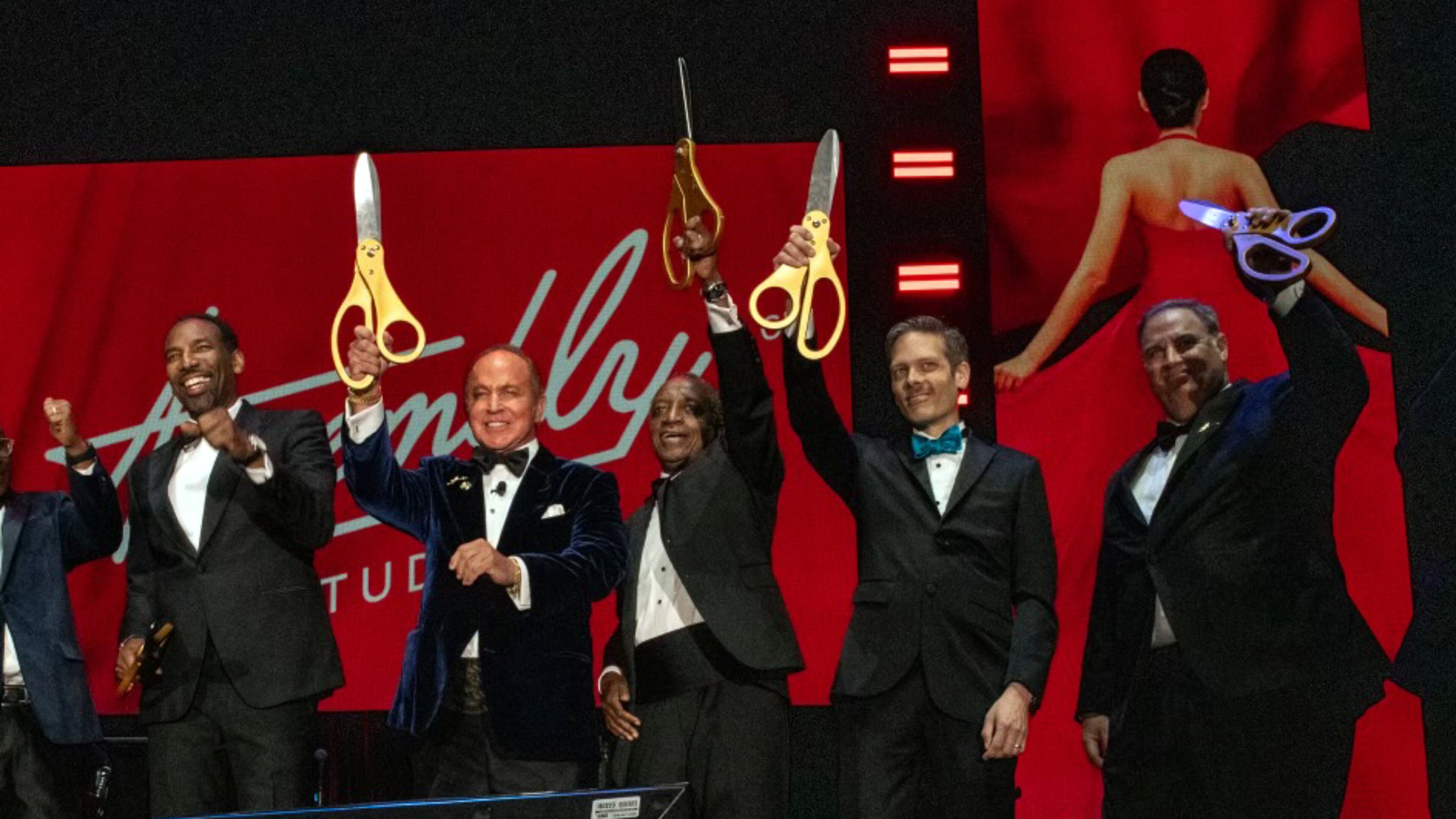 The Assembly Studios opening gala features a ribbon cutting ceremony featuring, left to right, Atlanta mayor Andre Dickens, Gray TV CEO Hilton Howell, Dekalb CEO Michael Thurmond, Doraville Mayor Joseph Geierman and developer The Gipson Company's Jay Gipson. CONTRIBUTED
