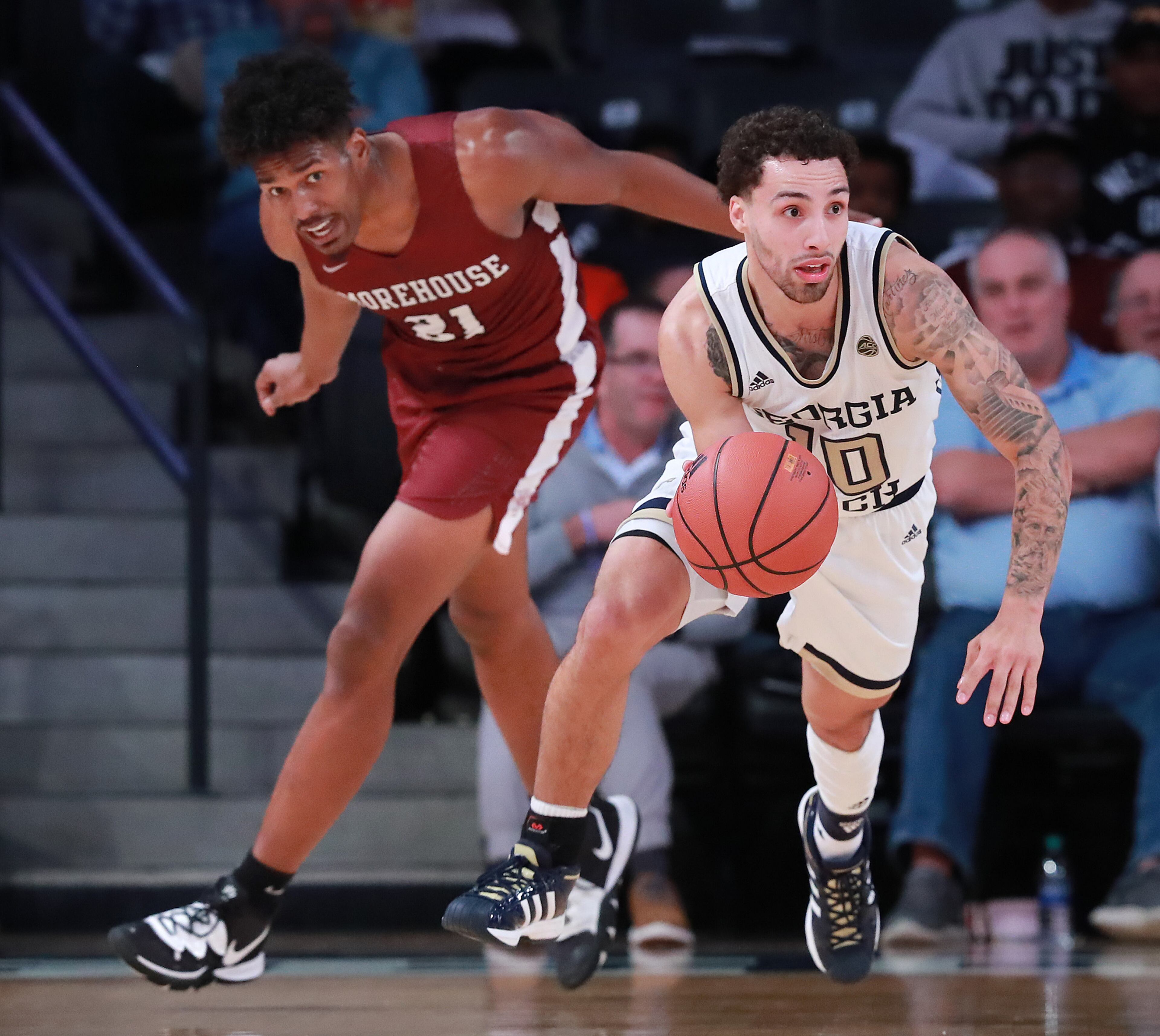 Georgia Tech guard Jose Alvarado steals from Morehouse forward Kairo Whitfield during the first half in a NCAA college basketball game on Tuesday, January 28, 2020, in Atlanta. Curtis Compton ccompton@ajc.com