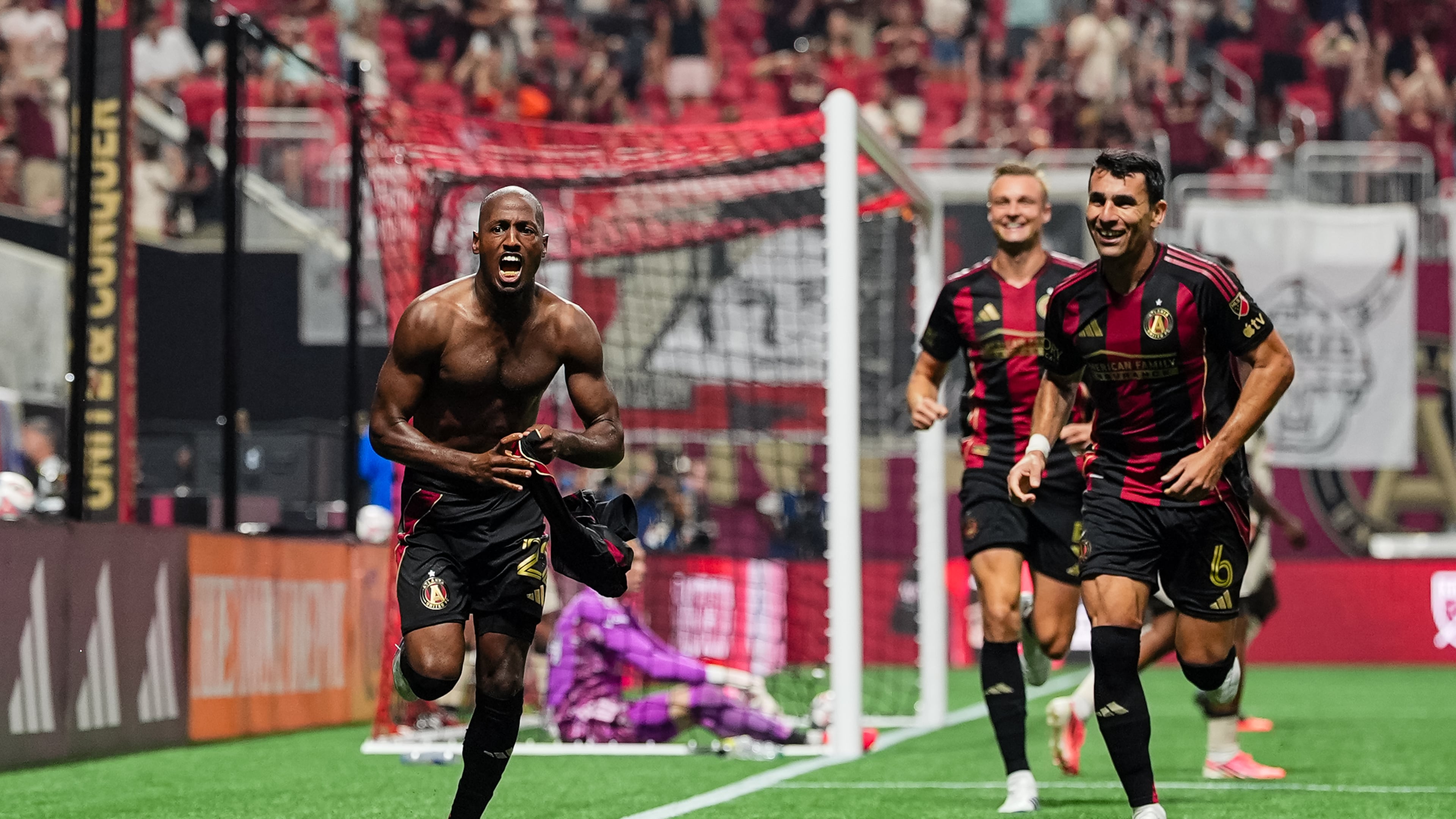 Atlanta United forward Fafà Picault (left celebrates after scoring the game-winner in the 82nd miniute against Red Bull New York on Saturday, Aug. 15, 2026, at Mercedes-Benz Stadium in Atlanta. (Courtesy of Mitch Martin/Atlanta United)