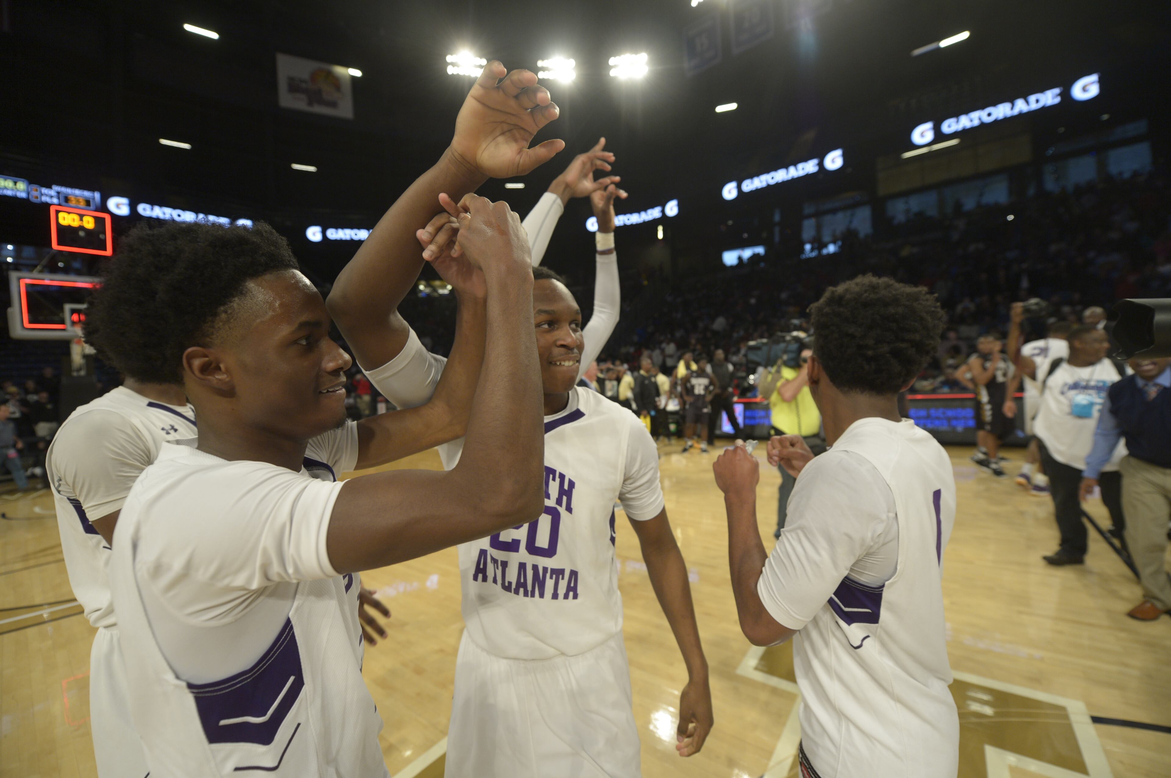 Atlanta, Ga. -- The South Atlanta Hornets celebrate their win over the Swainsboro Tigers in thier Class AA state championship game at Georgia Tech's McCamish Pavillion Friday, March 10, 2017. SPECIAL/Daniel Varnado