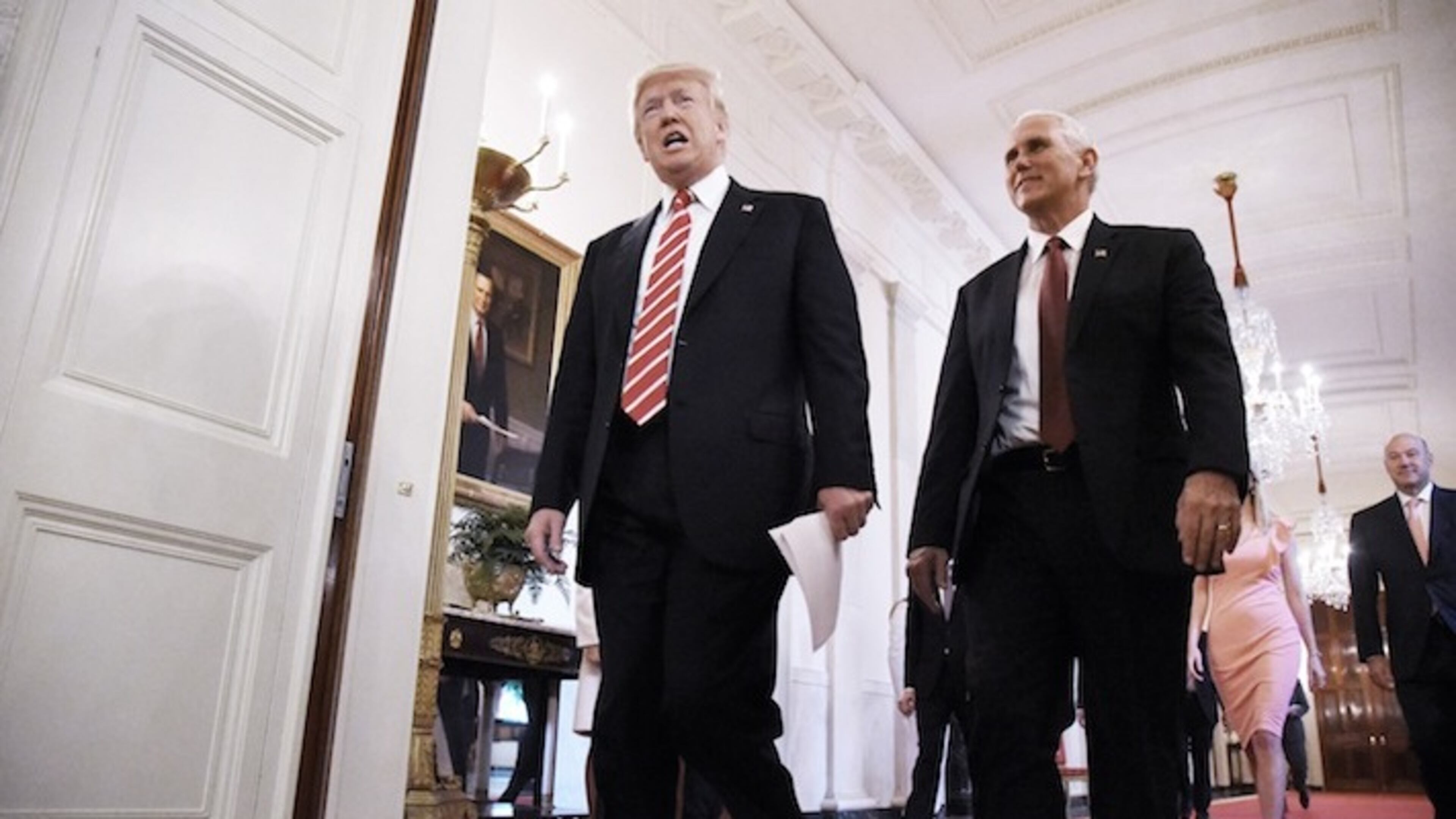 President Donald Trump and Vice President Mike Pence arrive in the East Room of the White House on June 22, 2017, in Washington, D.C. (Olivier Douliery/Abaca Press/TNS)