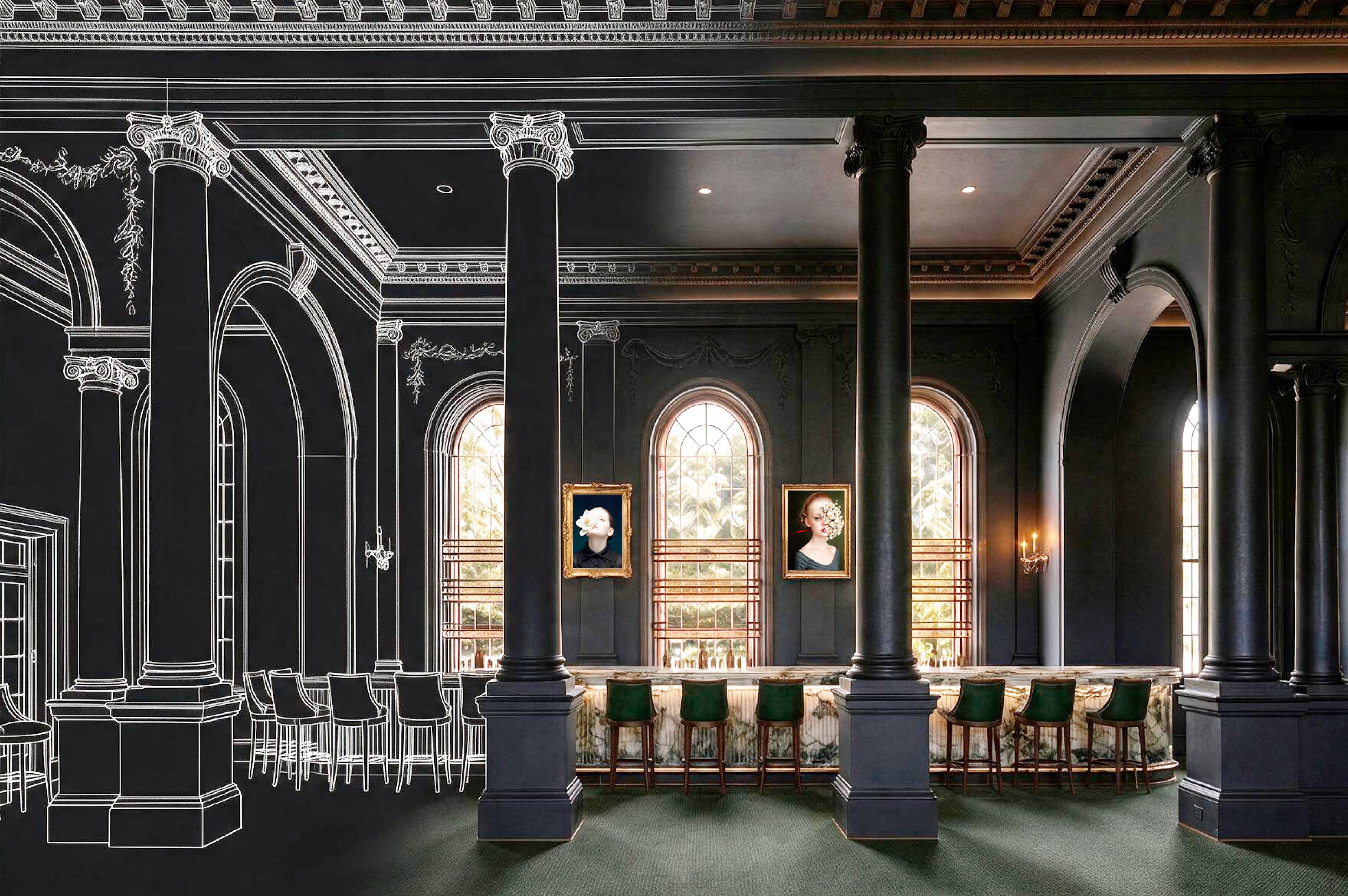An early conceptual rendering of the design for Hal's the Steakhouse, when it opens at Midtown's Spring Quarter development in 2028. It will be designed by Maison Malueé. (Courtesy of Maison Malueé)