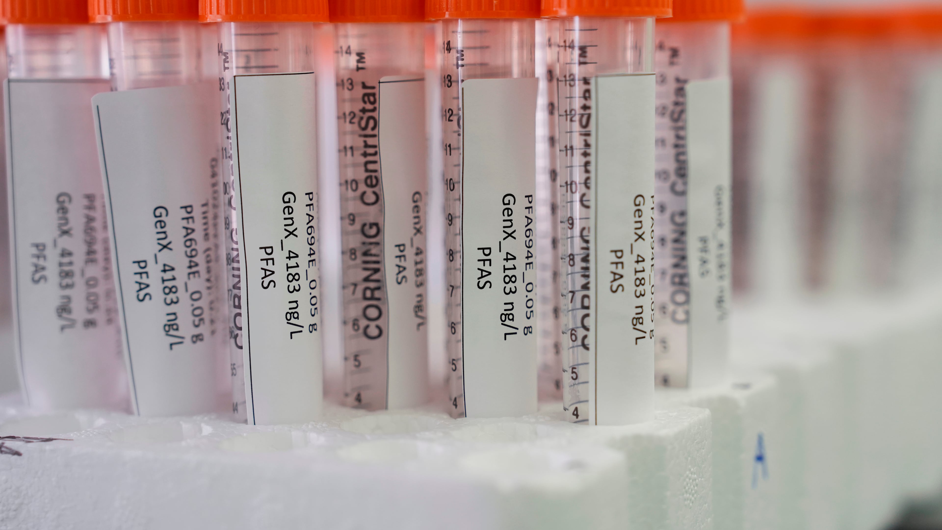 FILE - Vials containing PFAS samples sit in a tray April 10, 2024, at a U.S. Environmental Protection Agency lab in Cincinnati. (AP Photo/Joshua A. Bickel, File)