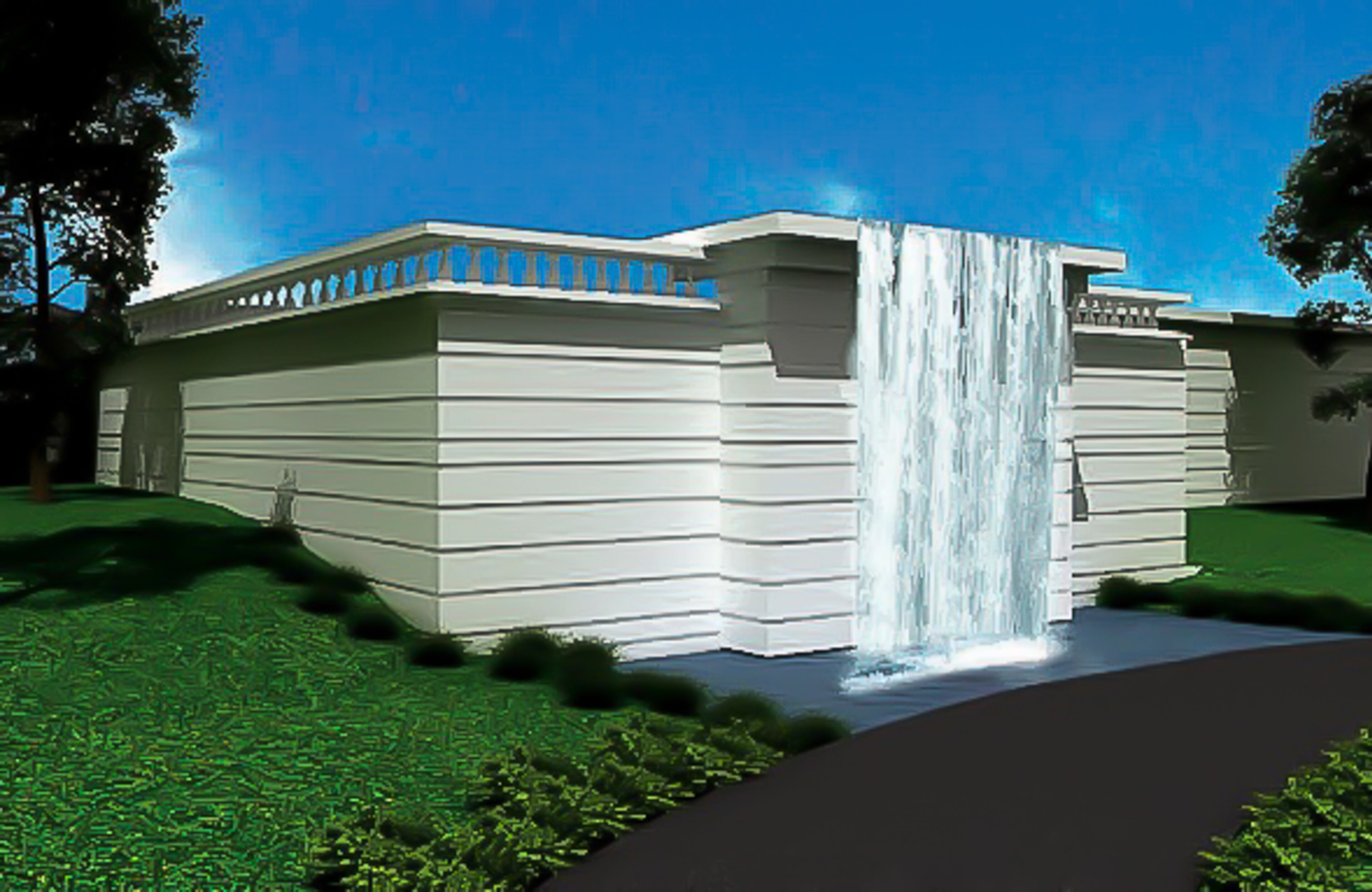 A waterfall covers the concealed entrance of the "bat cave" at the Atlanta safe house. Image courtesy of Paul Wegener, Atlanta Fine Homes Sotheby's International Realty